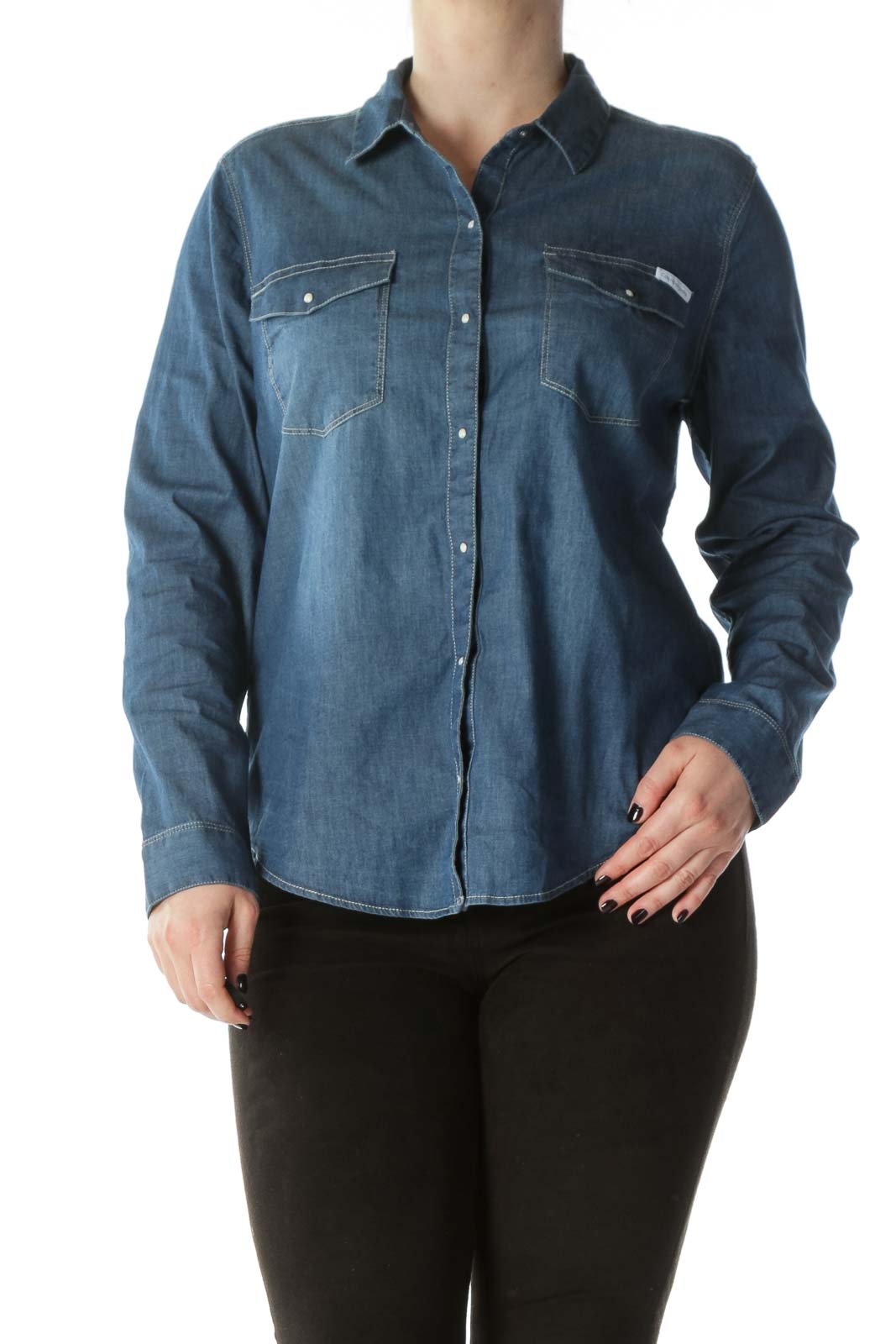 Blue Cotton Medium-Wash Snap-Buttoned Shirt Front