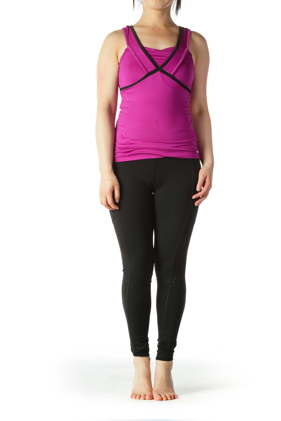 Nike - Pink Blue Piping Stretch Sports Top with Built-in Bra Polyester2  Spandex Polyester