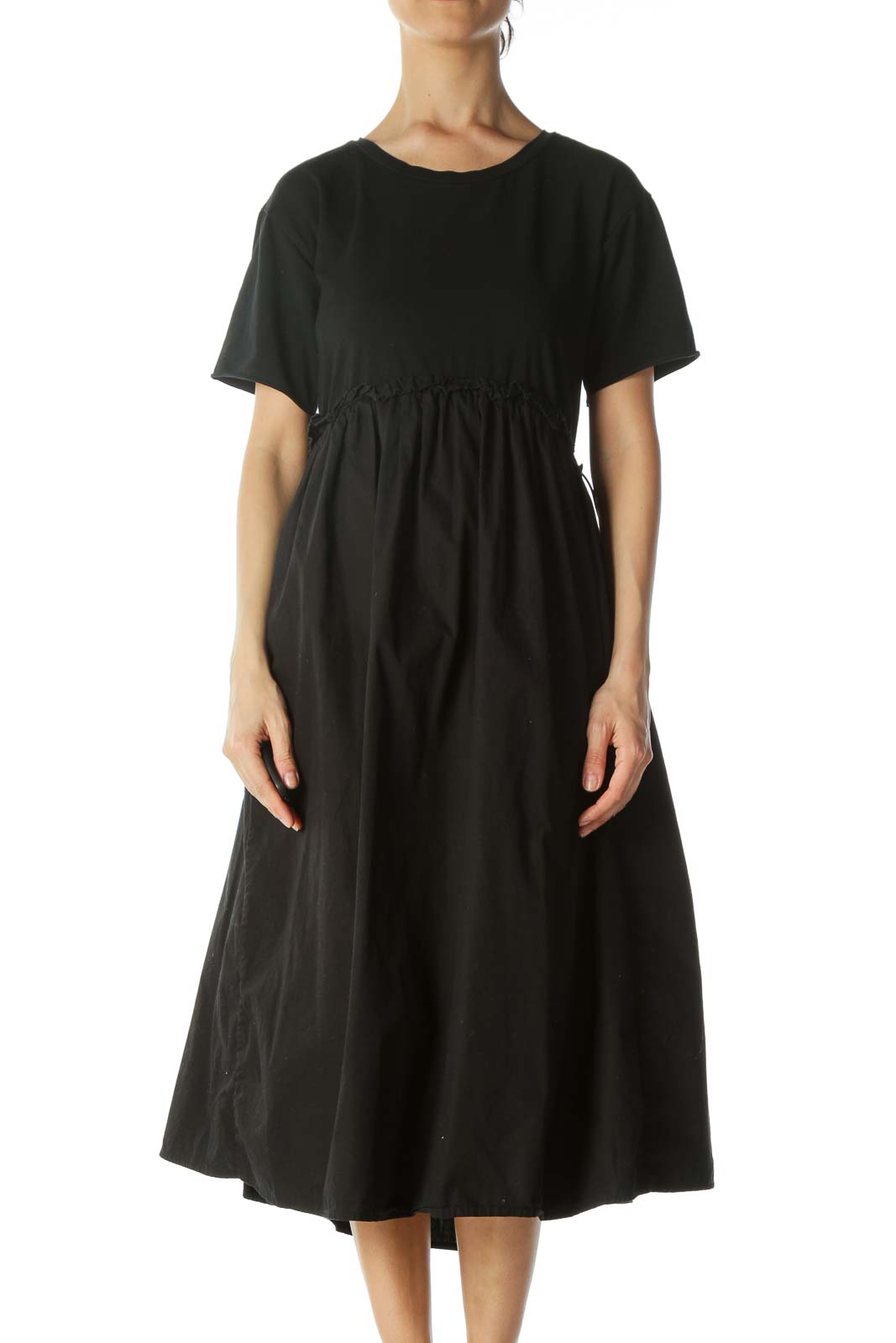 Black 100% Cotton Mixed-Media Elastic-Waist-Detail Dress Front