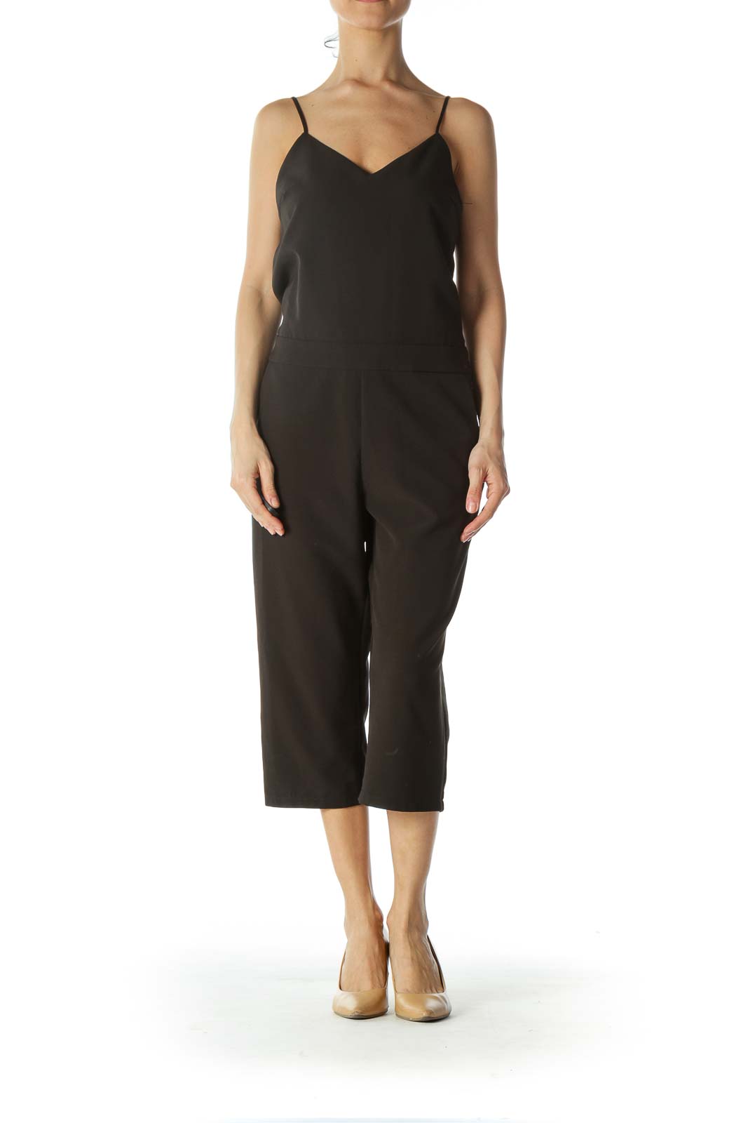 Black Spaghetti-Strap Pocketed Jumpsuit Front