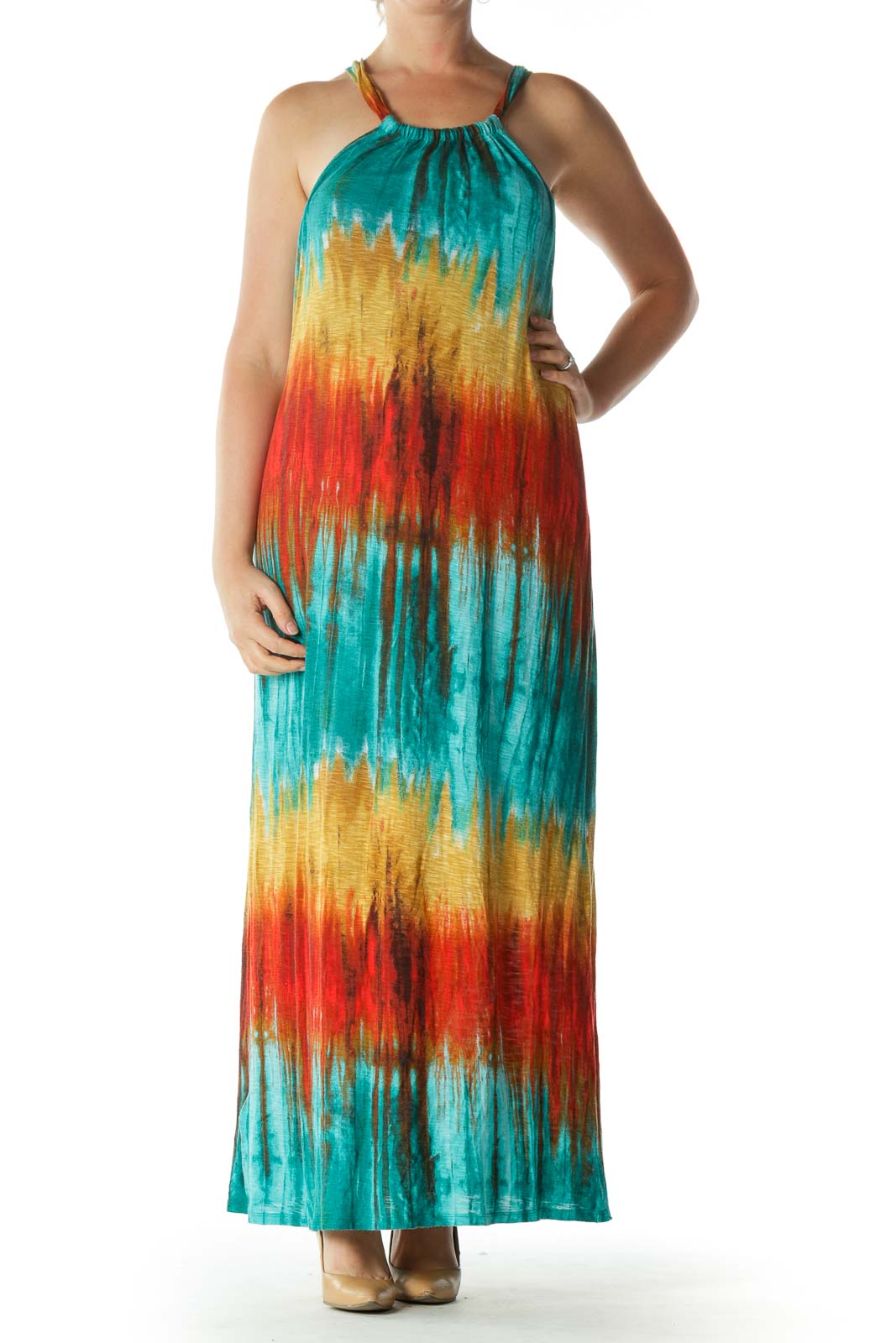 Multicolored Halter-Neckline Maxi Dress Front