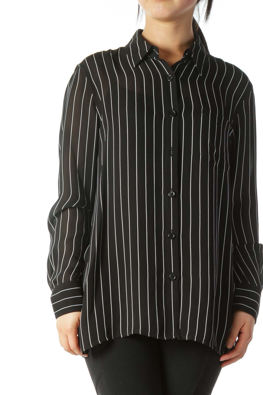 Black White Pinstripe 100% Silk Pocketed Shirt Front