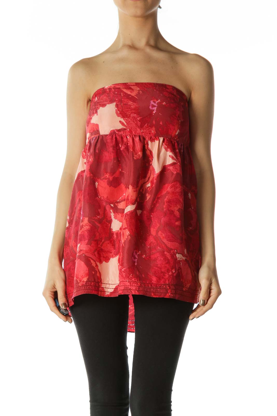 Red Pink Printed Empire-Waist Strapless Top Front