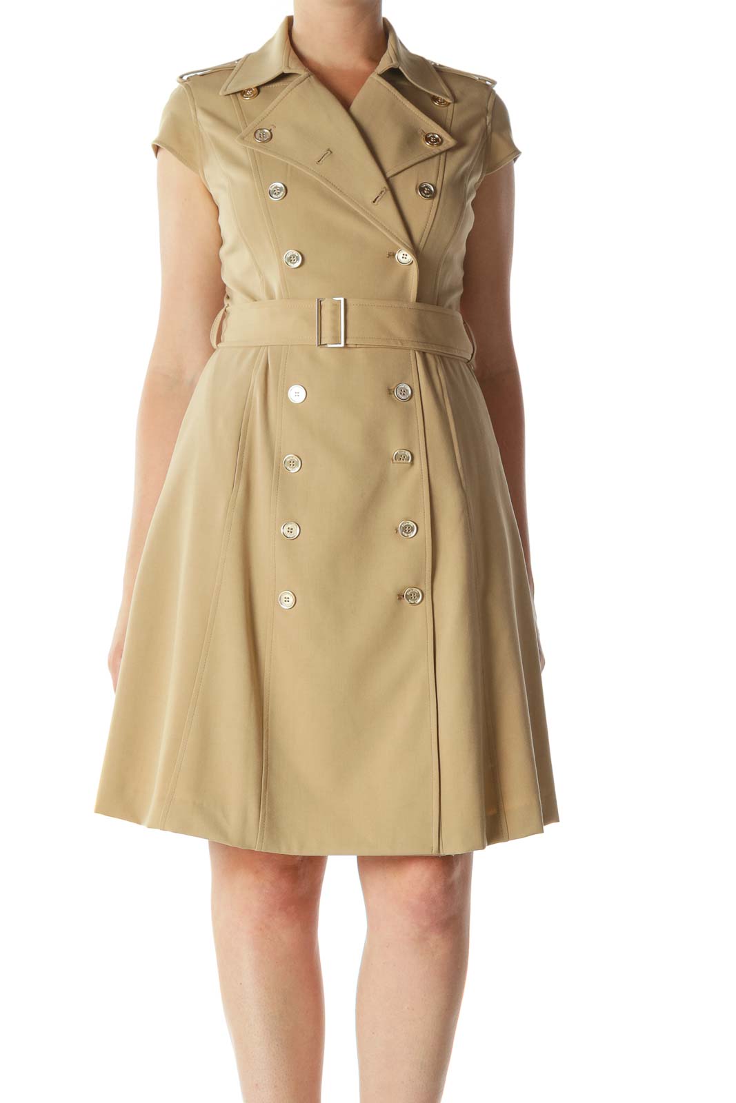 Beige Double-Breasted Buttoned Cap-Sleeves Dress Front