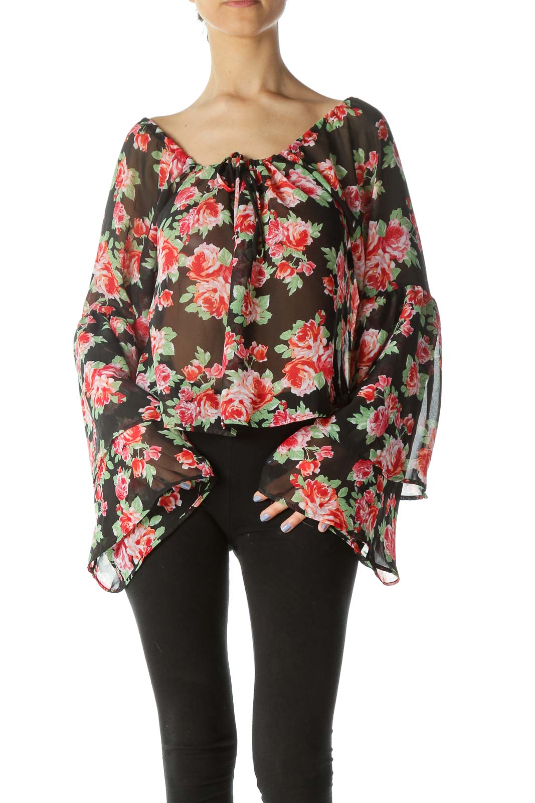 Multi Floral Oversized Cropped Ruffled Sleeves Top Front