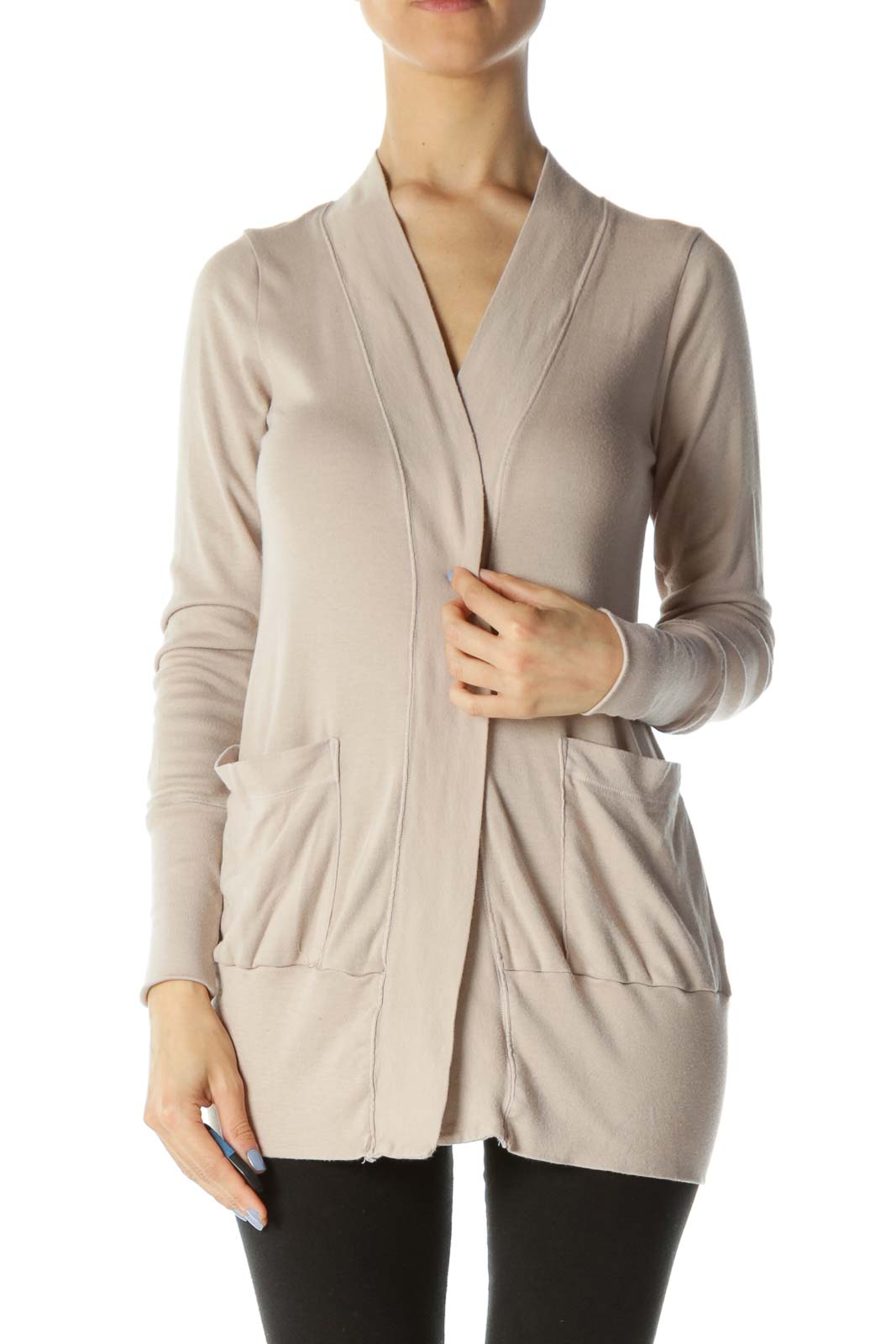 Beige Pocketed Long Sleeve Cardigan Front
