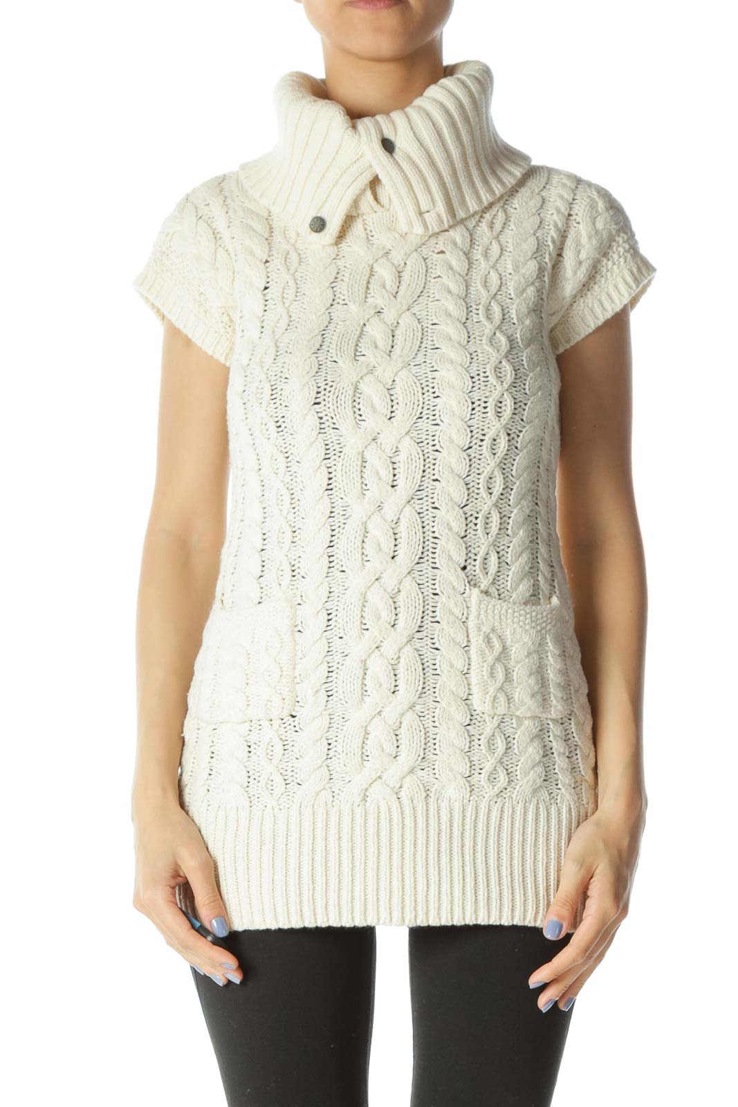 Cream Cable-Knit Turtle-Neck Short-Sleeve Pocketed Dress Front