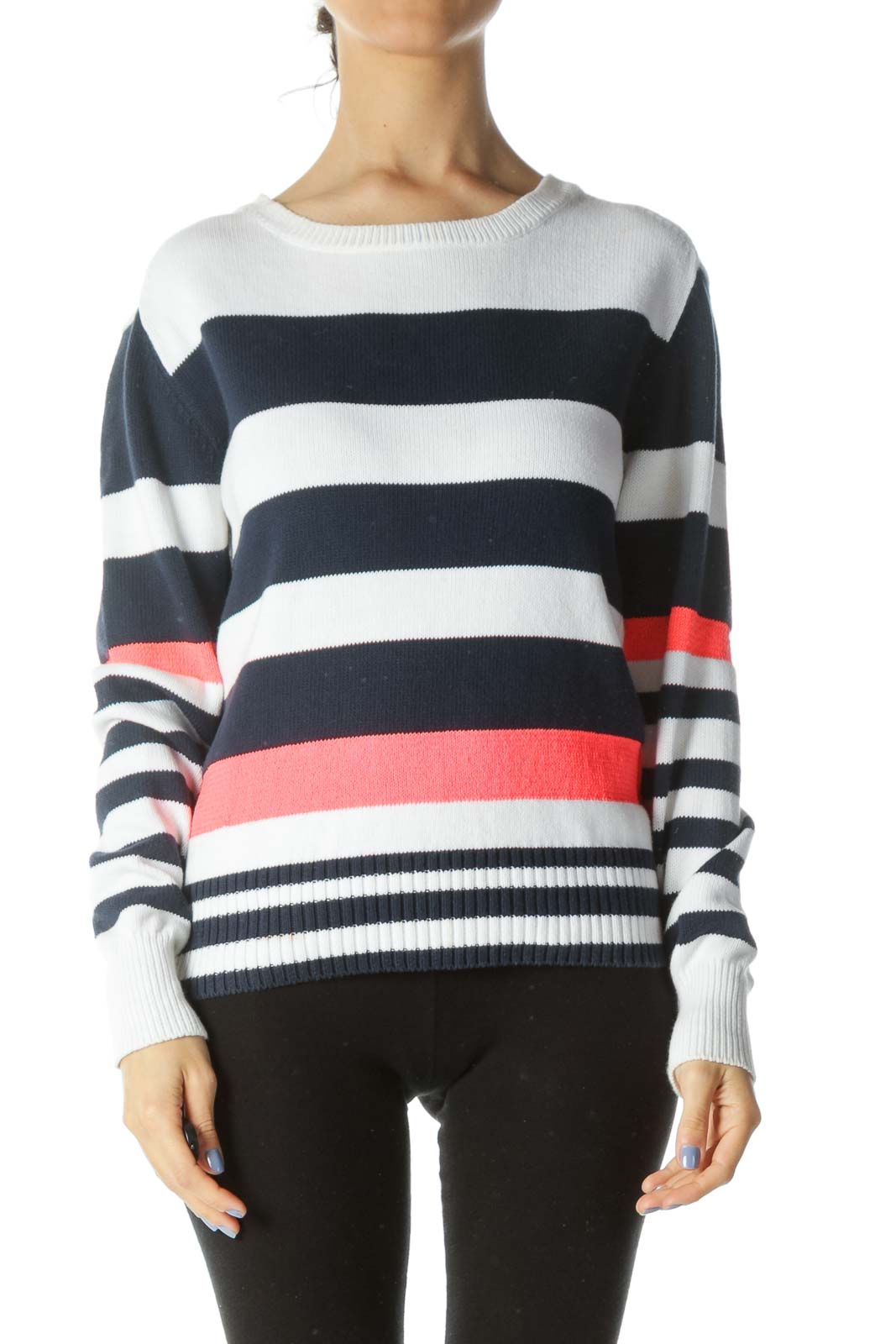 Blue/White/Neon-Pink Striped Long-Sleeve Sweater Front