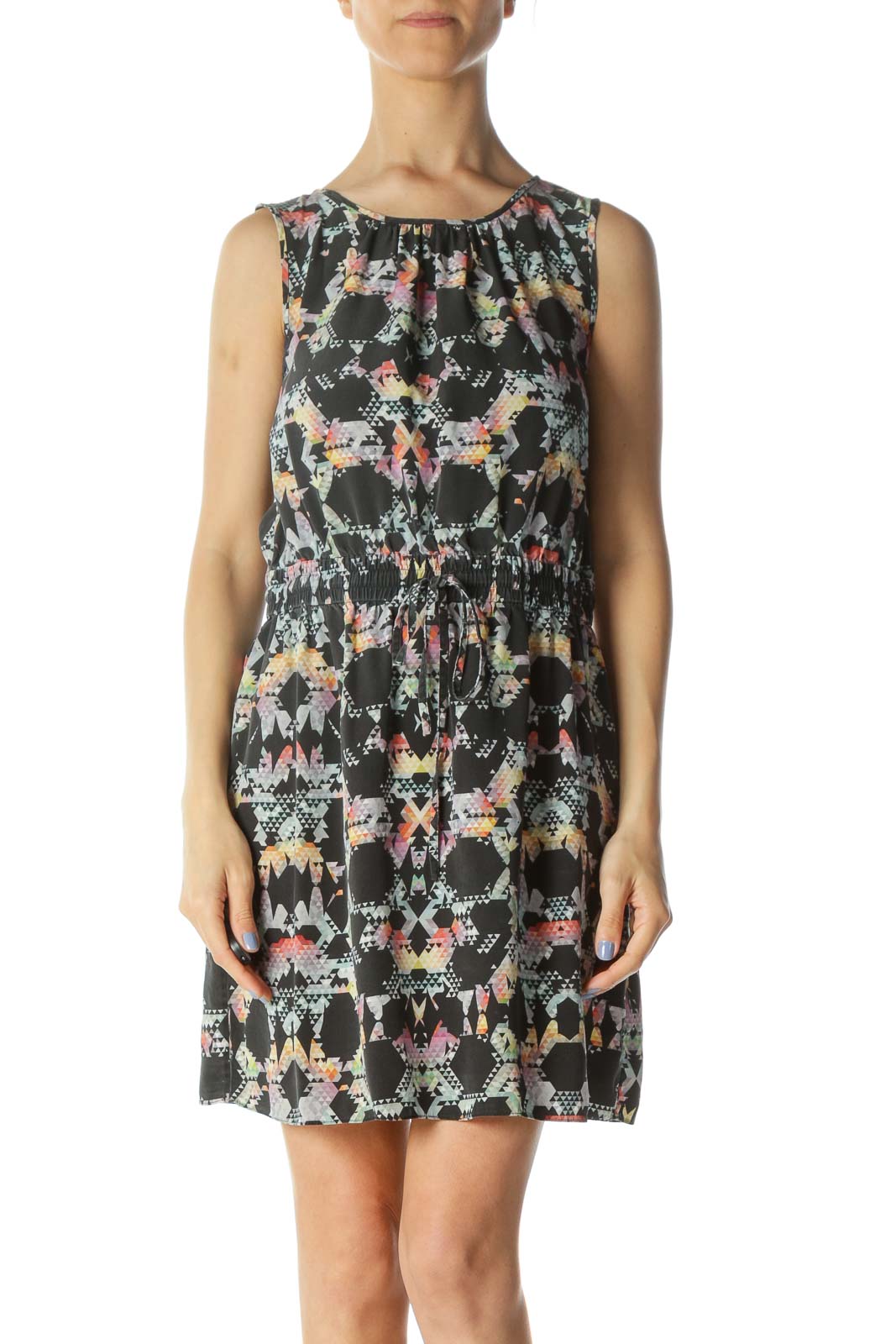 Gray/Multicolored 100% Silk Geometric-Print Day Dress Front