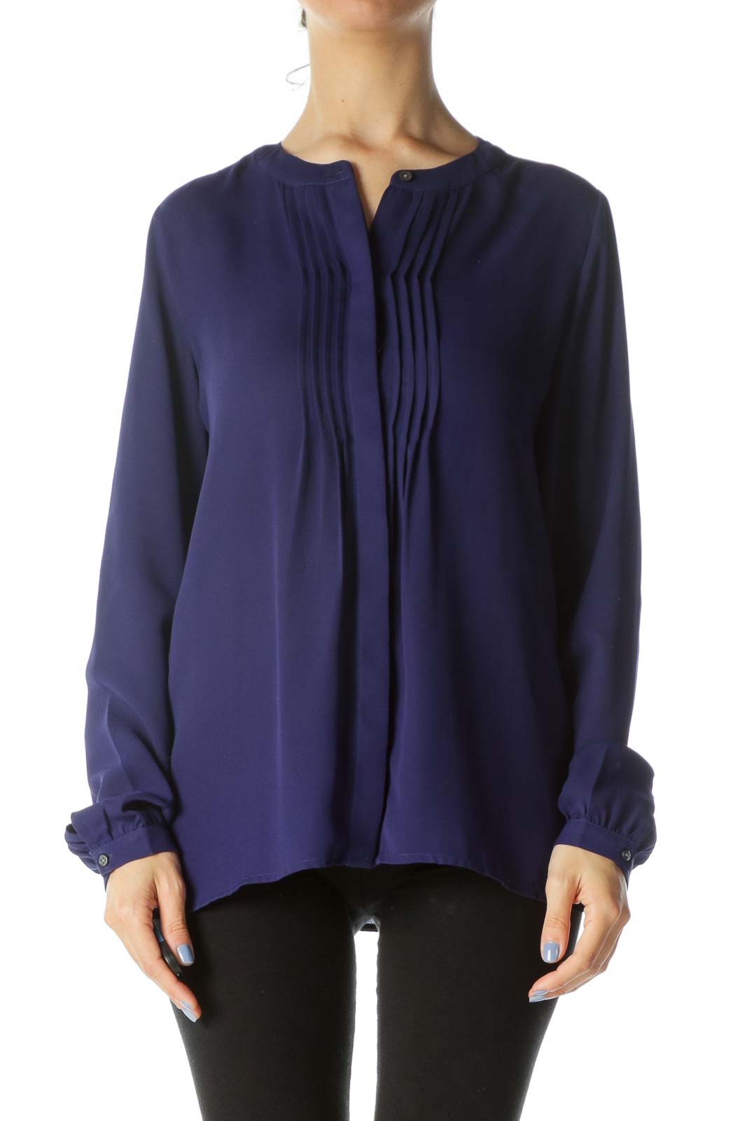 Blue Pleated Accent Long-Sleeve Round-Neck Blouse Front