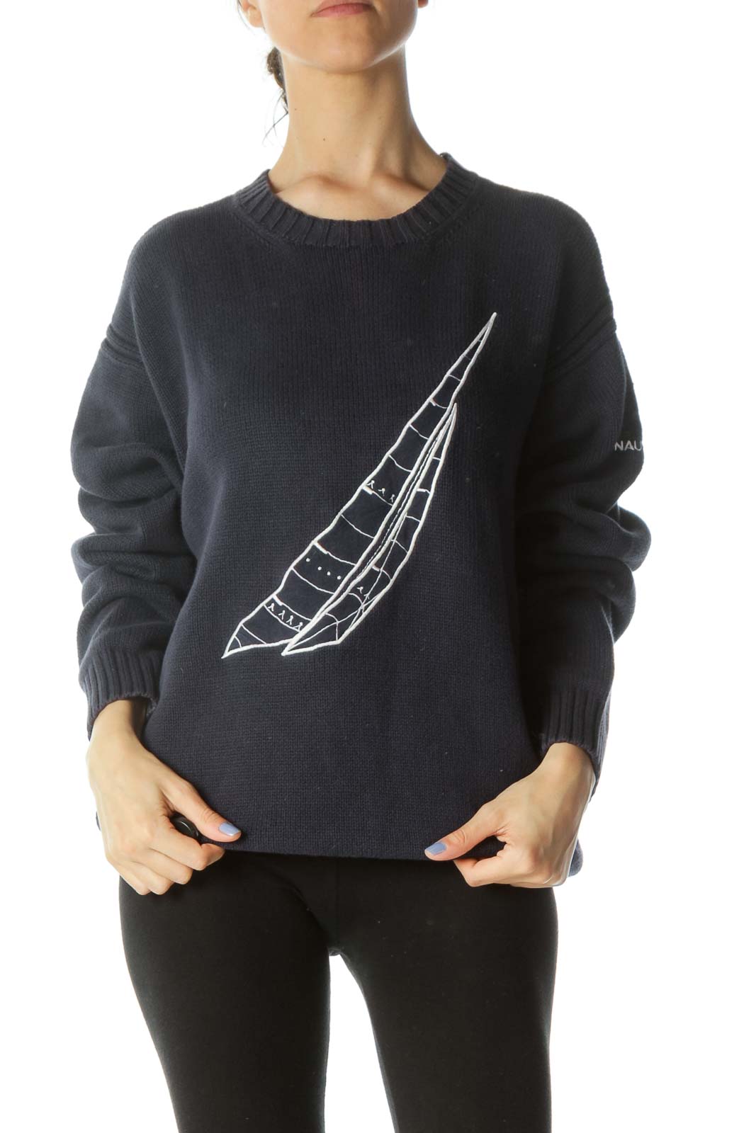 Navy-Blue 100% Cotton Nautical Theme Long-Sleeve Heavy Knit Sweater Front