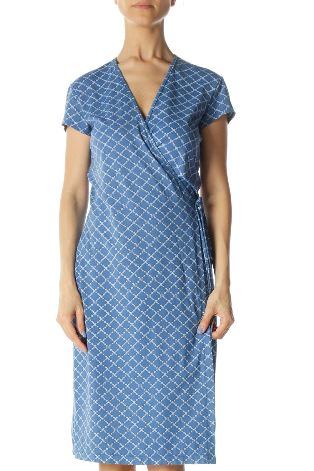 Blue/White Printed Stretch Wrap Day Dress Front