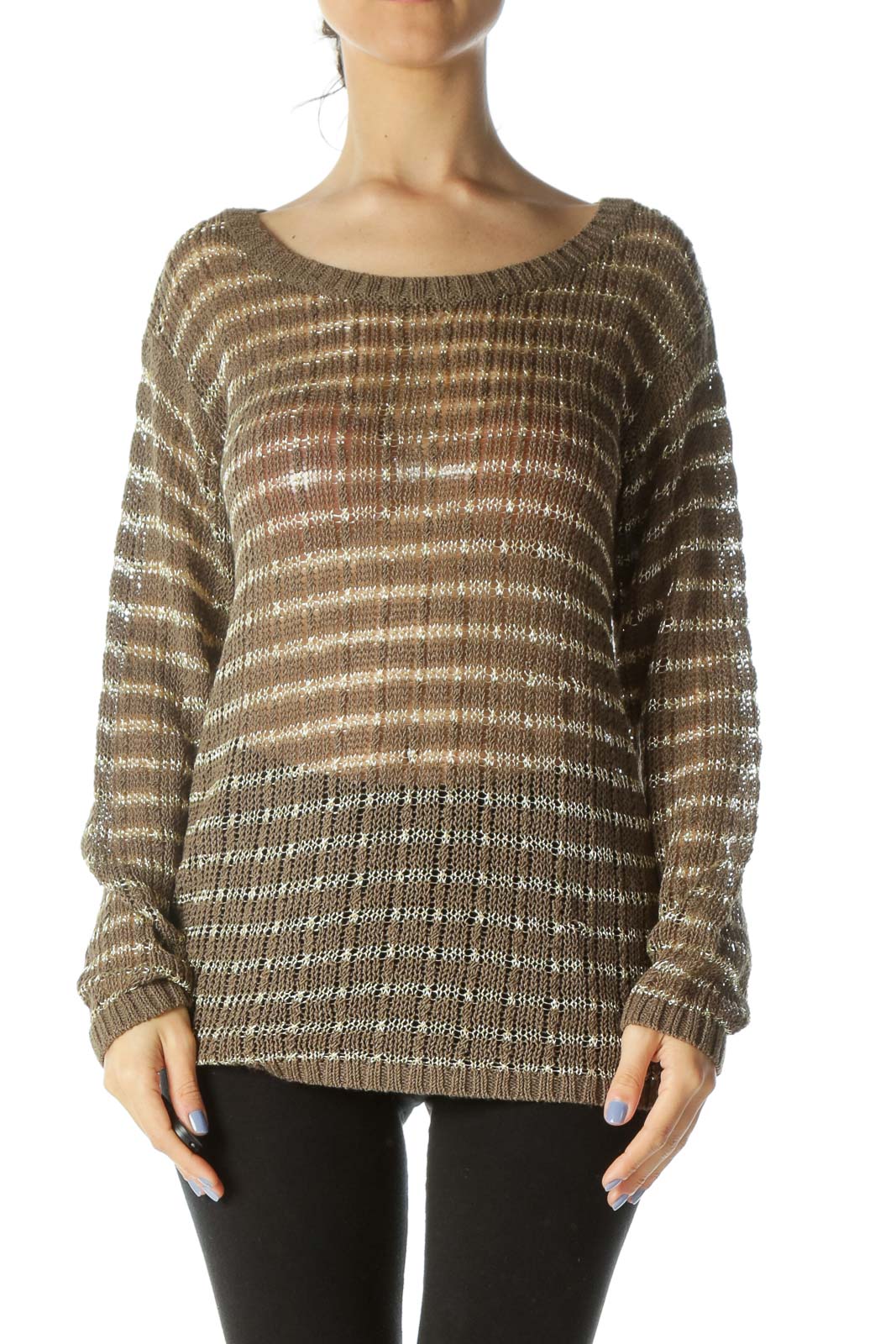 Brown Gold Striped Knit Top Front