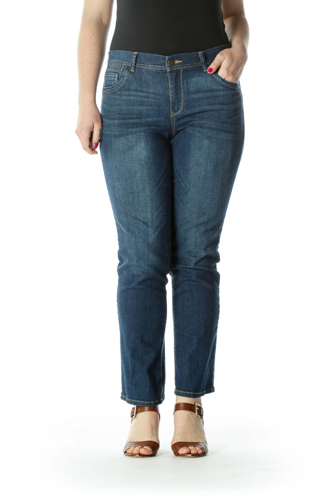Blue Medium-Wash Stretch Straight-Leg Denim Jeans Front