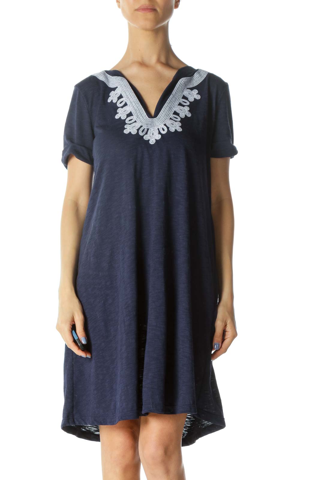 Blue/White Embroidered Short-Sleeve Jersey Day Dress Front