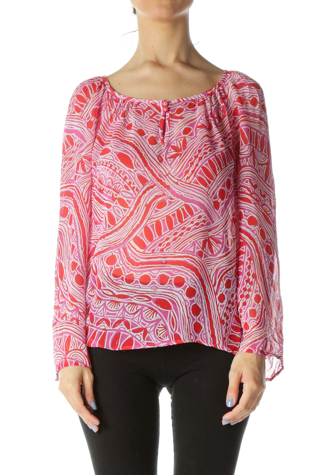 Red/Magenta-Pink/White Silk Print Keyhole See-Through Blouse Front