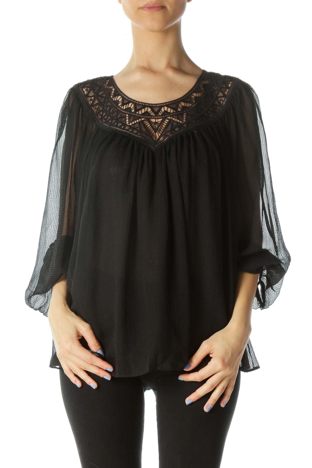 Black Lace-Detail Over-Sized Textured Long-Sleeve Blouse Front