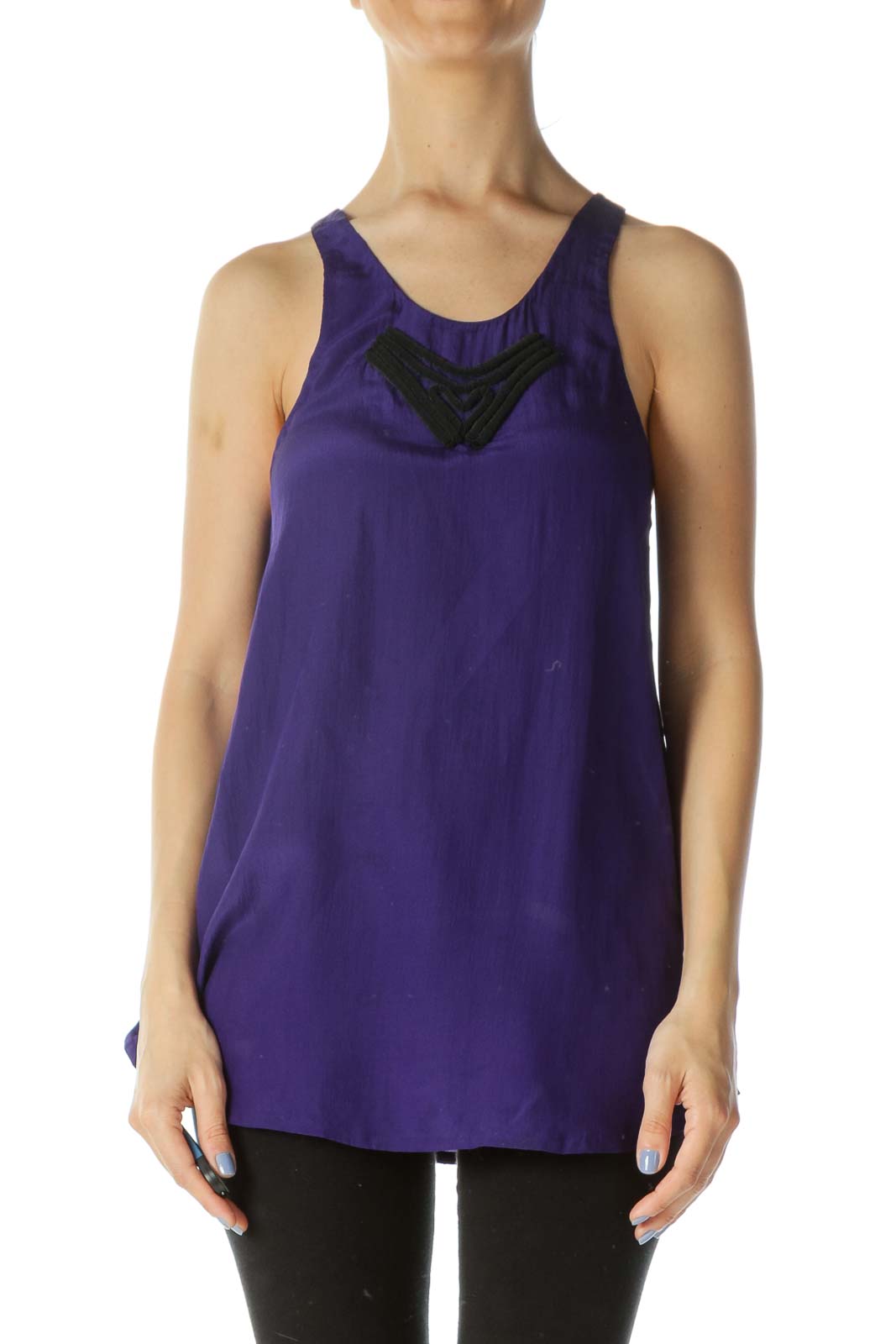 Purple 100% Silk Designer Embellished Sleeveless Blouse Front