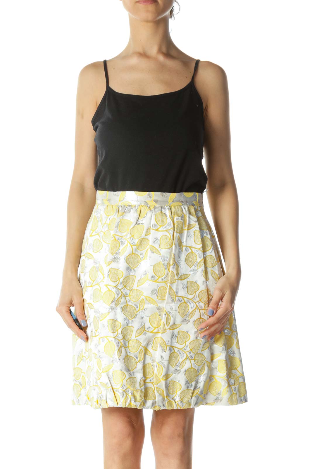 Silver & Yellow Floral-Patterned Designer Pleated Skirt Front