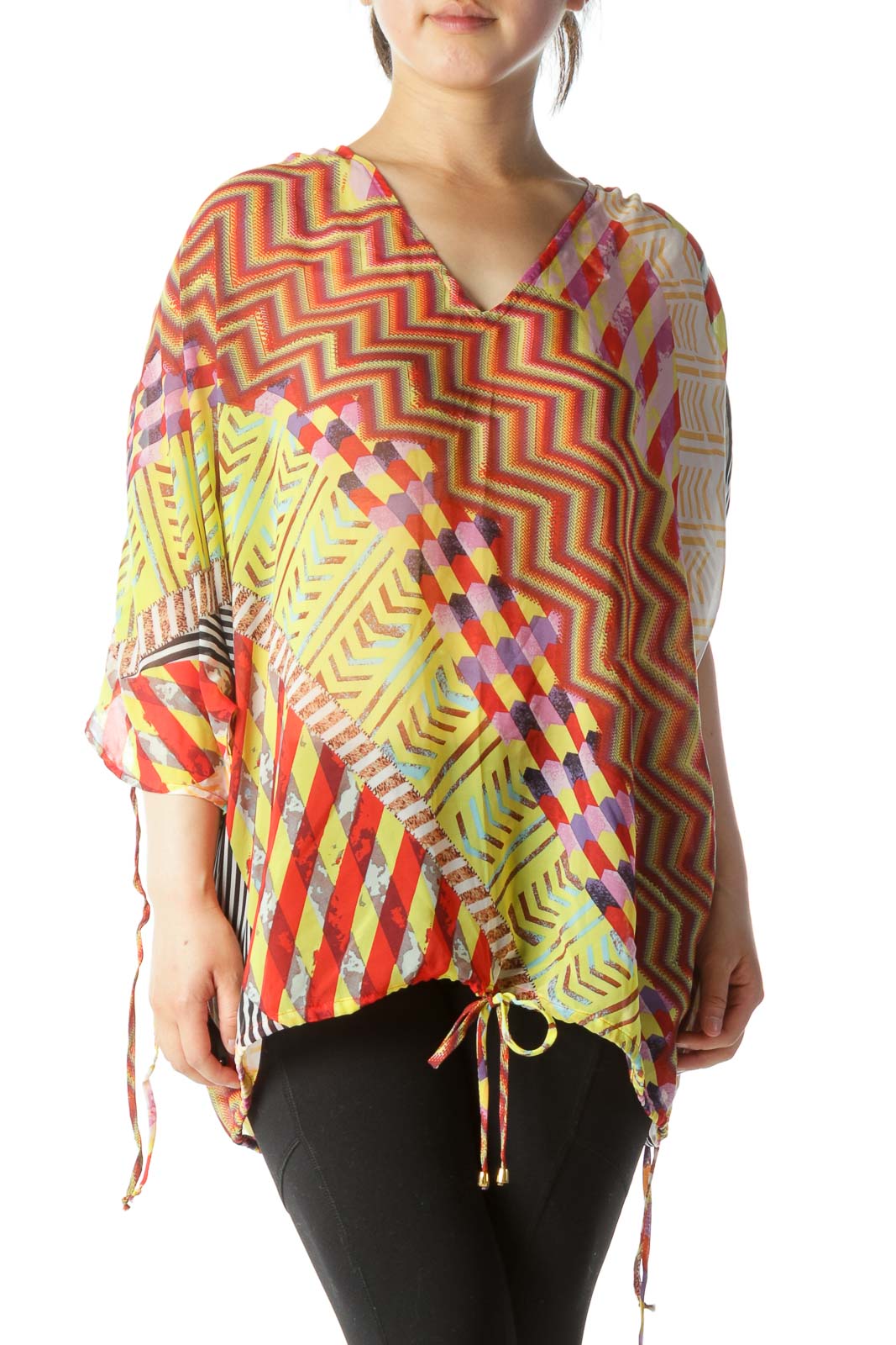 Red Yellow Print See-Through Blouse Front