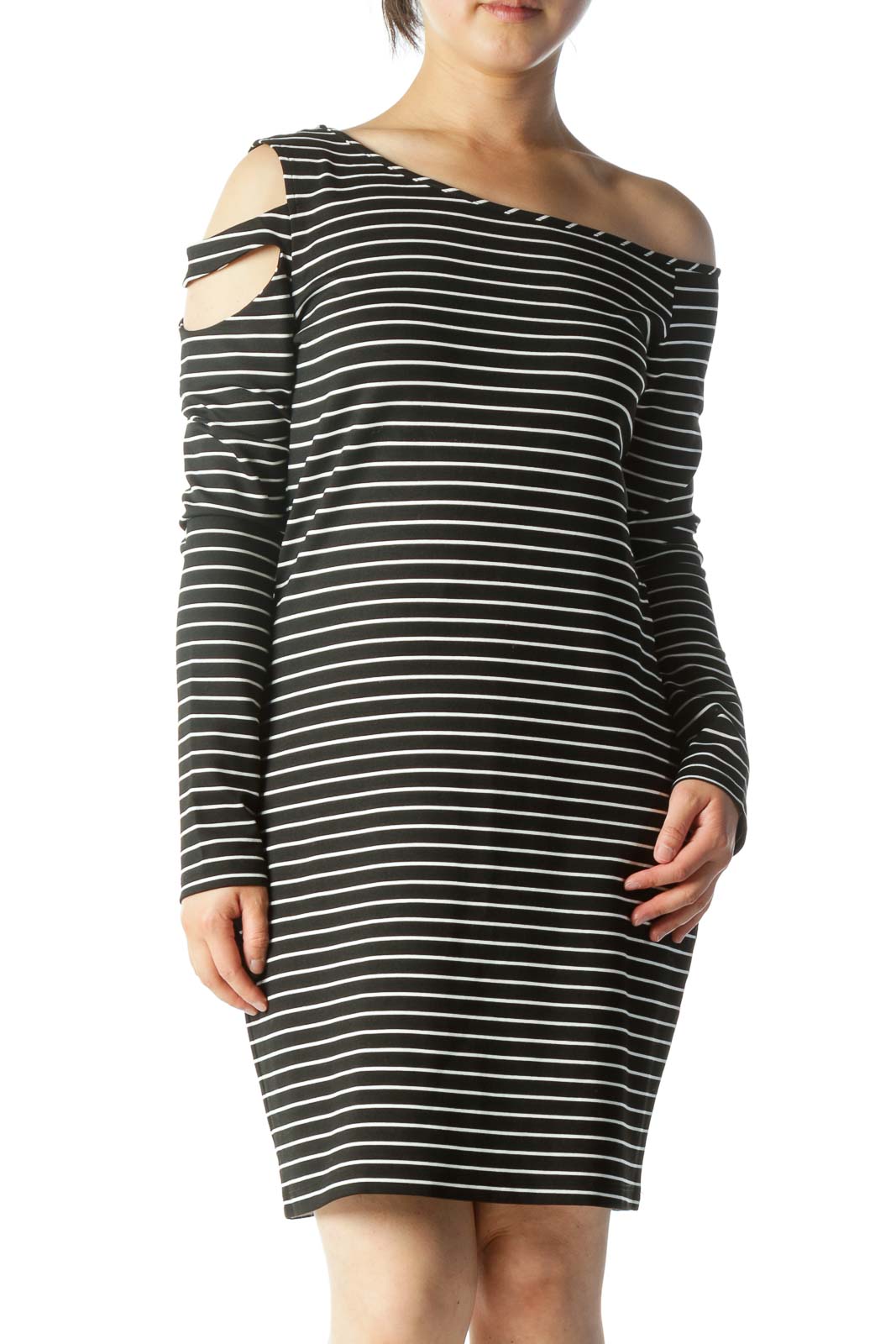 Black & White Striped Long-Sleeve Off-Shoulder Cut-Out Knit Dress Front