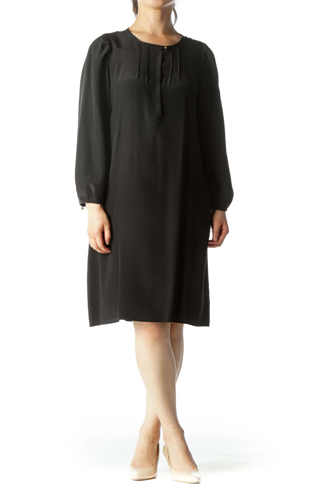 Black 100% Silk Chest-Pleated Buttoned 3/4 Sleeve Peasant Cocktail Dress Front