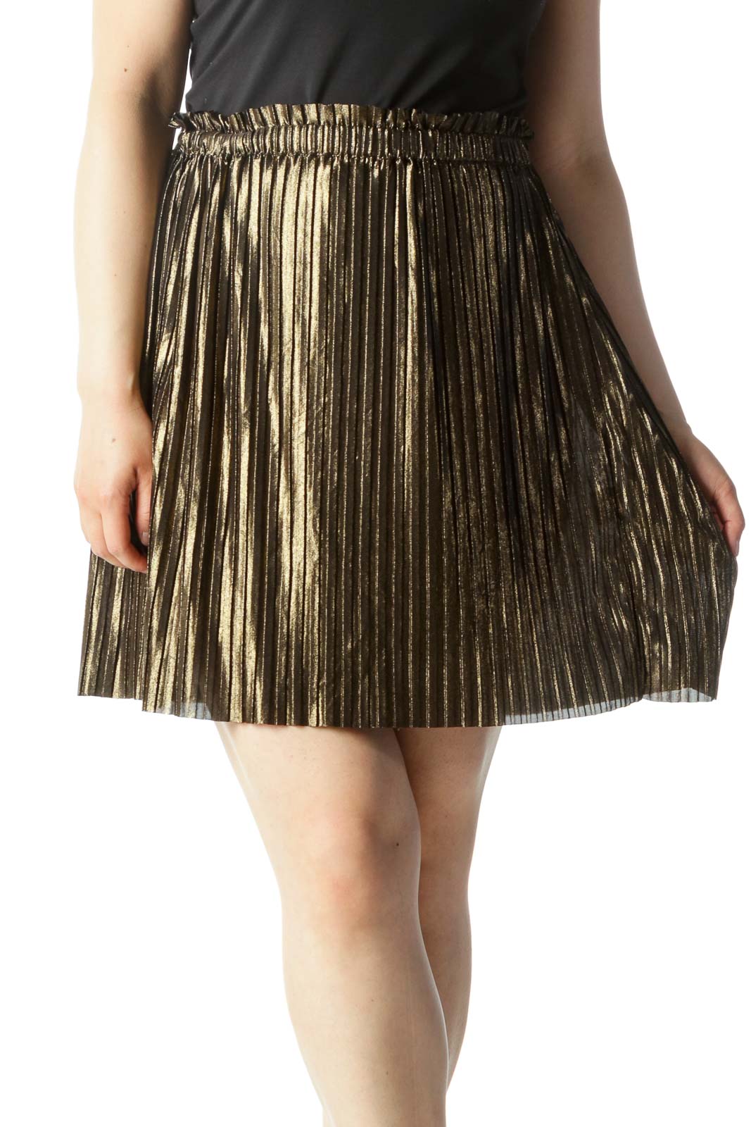 Gold Pleated Cinched-Waist A-Line Skirt Front