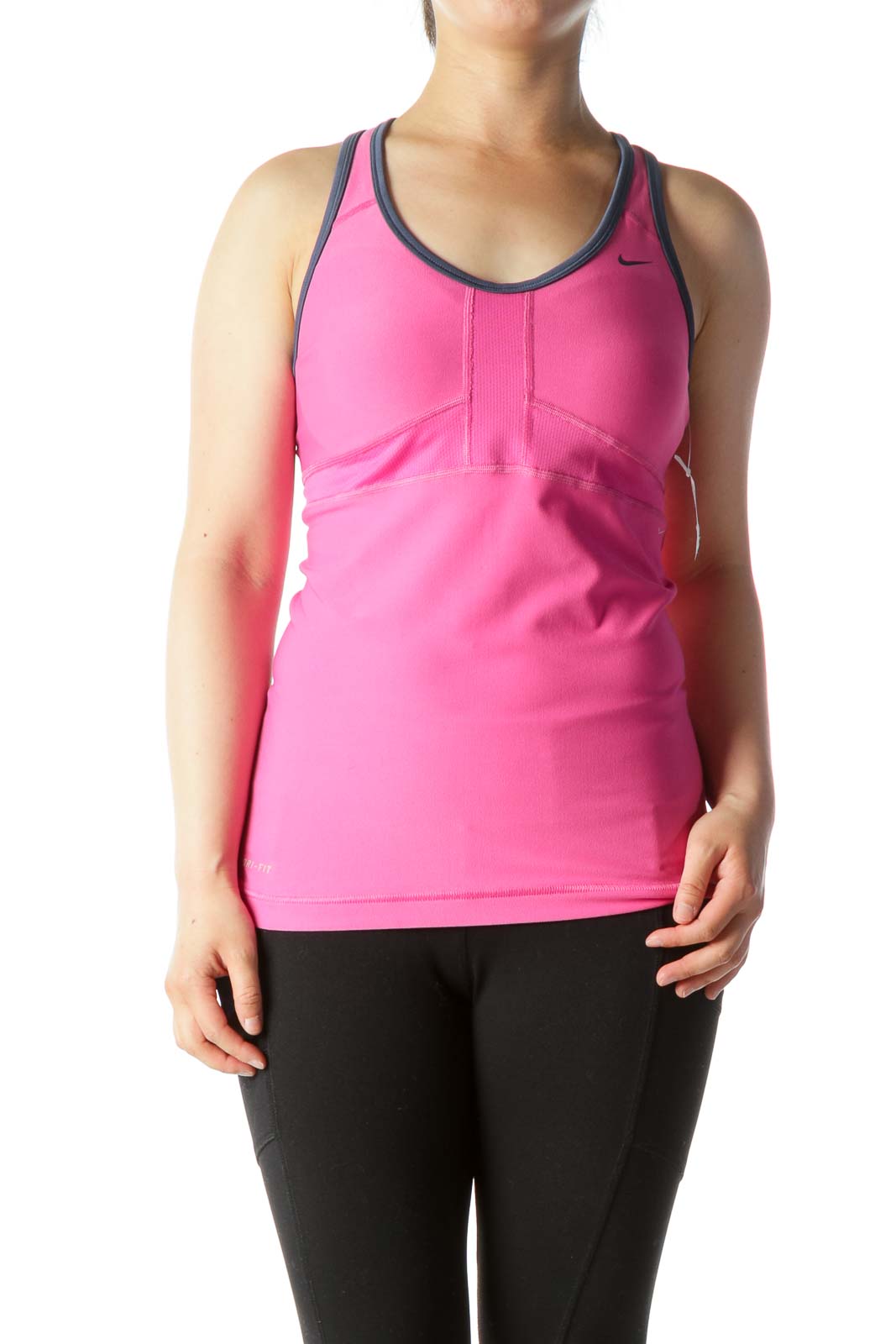 Pink Blue Piping Stretch Sports Top with Built-in Bra Front