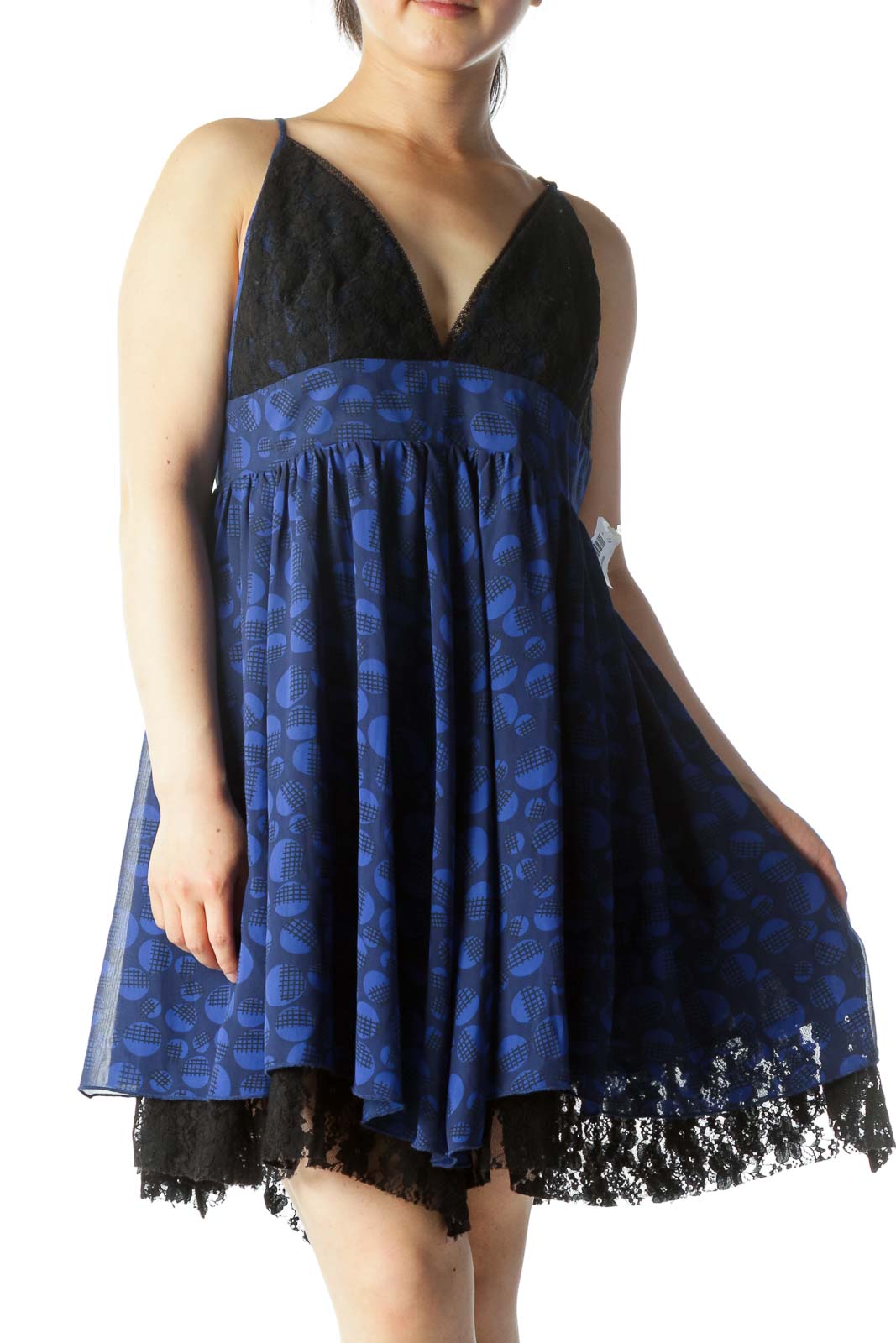 Blue & Black Printed Lace-Breasted Spaghetti Strap Day Dress Front
