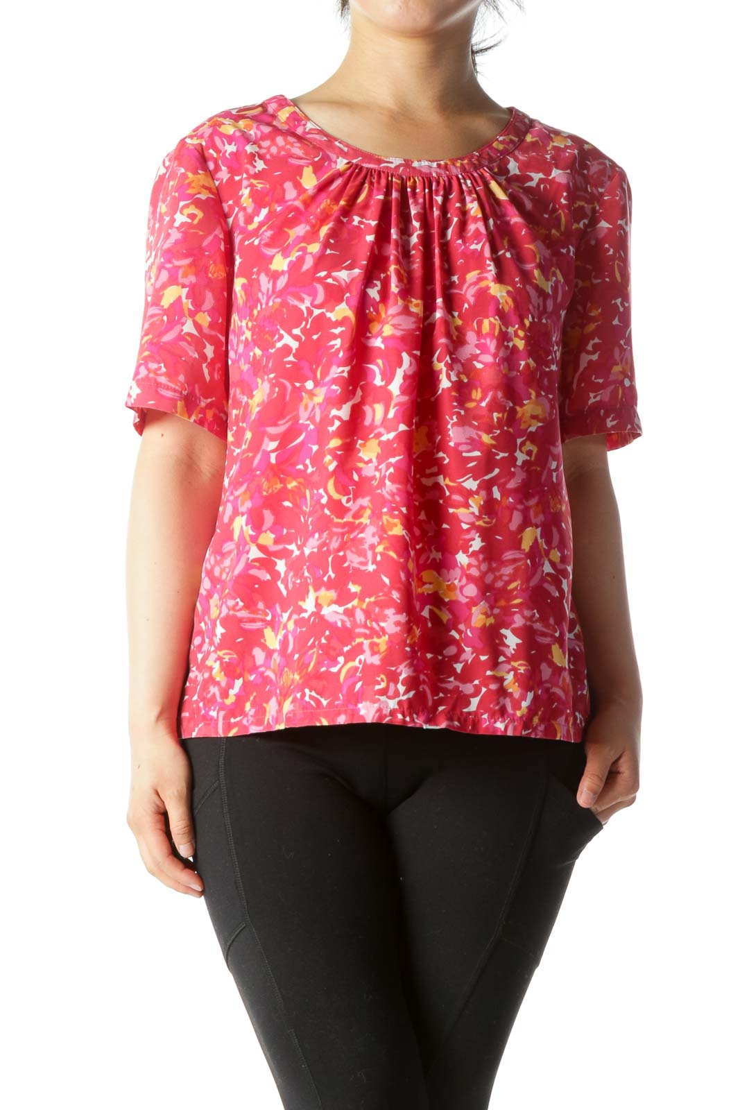 Pink Yellow White Print Short Sleeve Ruched Neckline Top Front