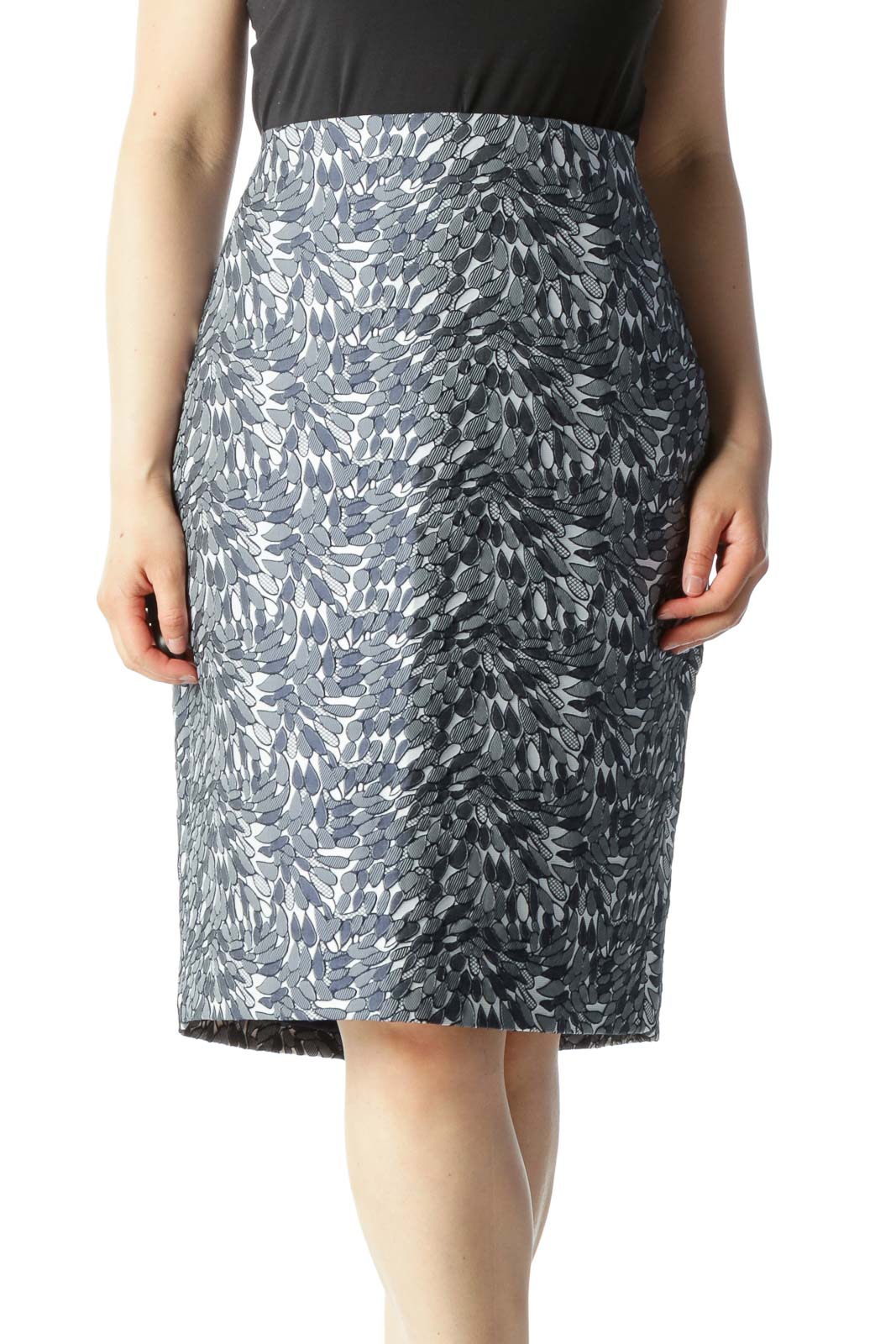 Navy & White Jacquard Leaf-Print Pencil Skirt