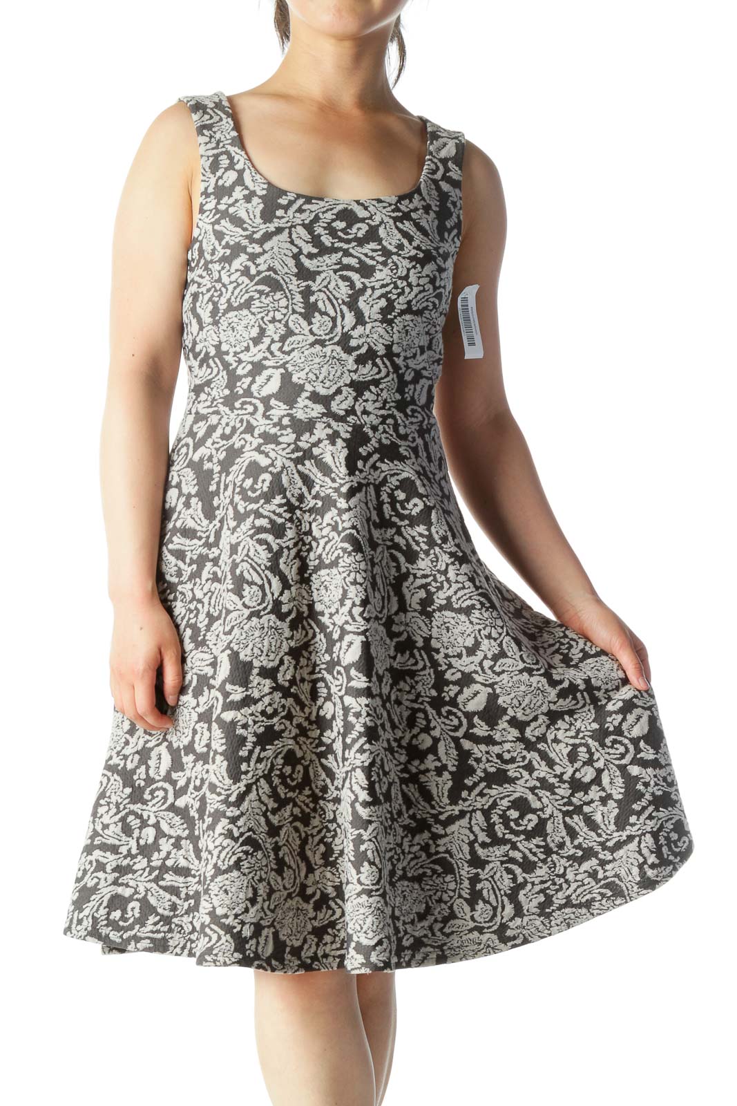 Gray Floral-Design Flared Sleeveless Knit Dress Front