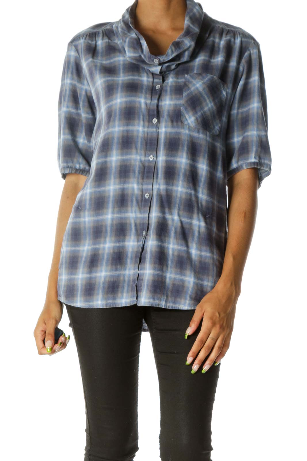 Blue Gray Plaid 100% Cotton Long 3/4 Sleeve Shirt Front
