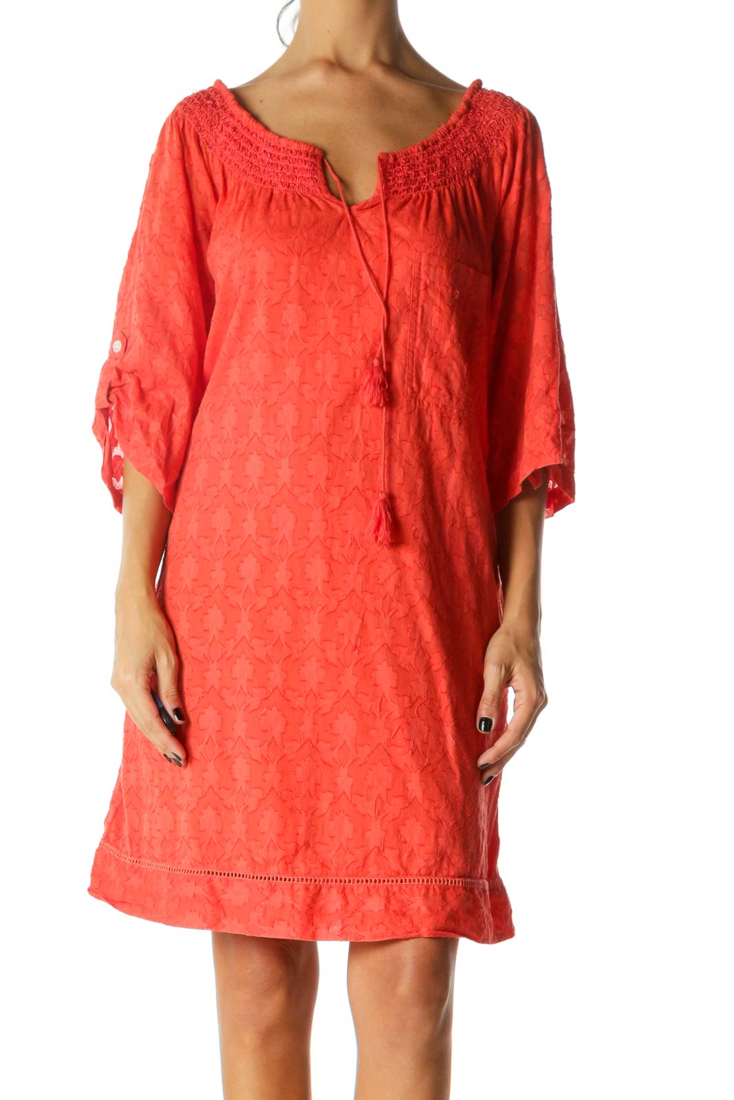 Coral-Orange 100% Cotton Pocketed Textured Dress Front