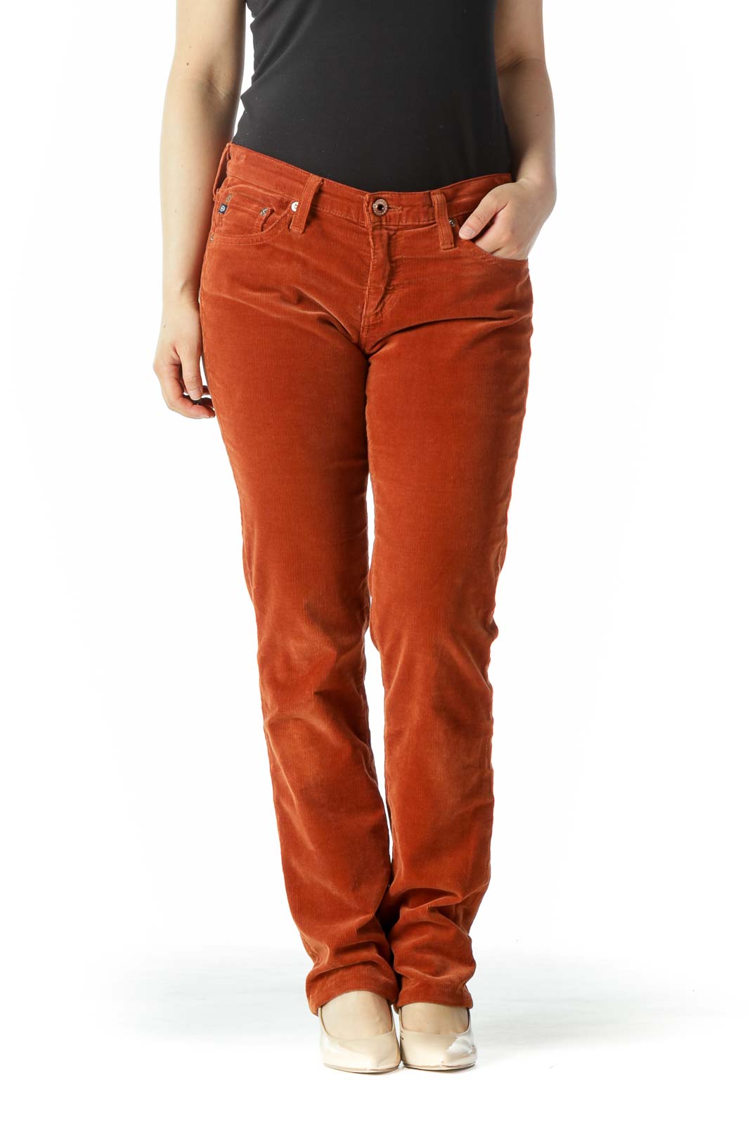 Burnt Orange Corduroy Slim Straight-Leg Stretch Pants Front