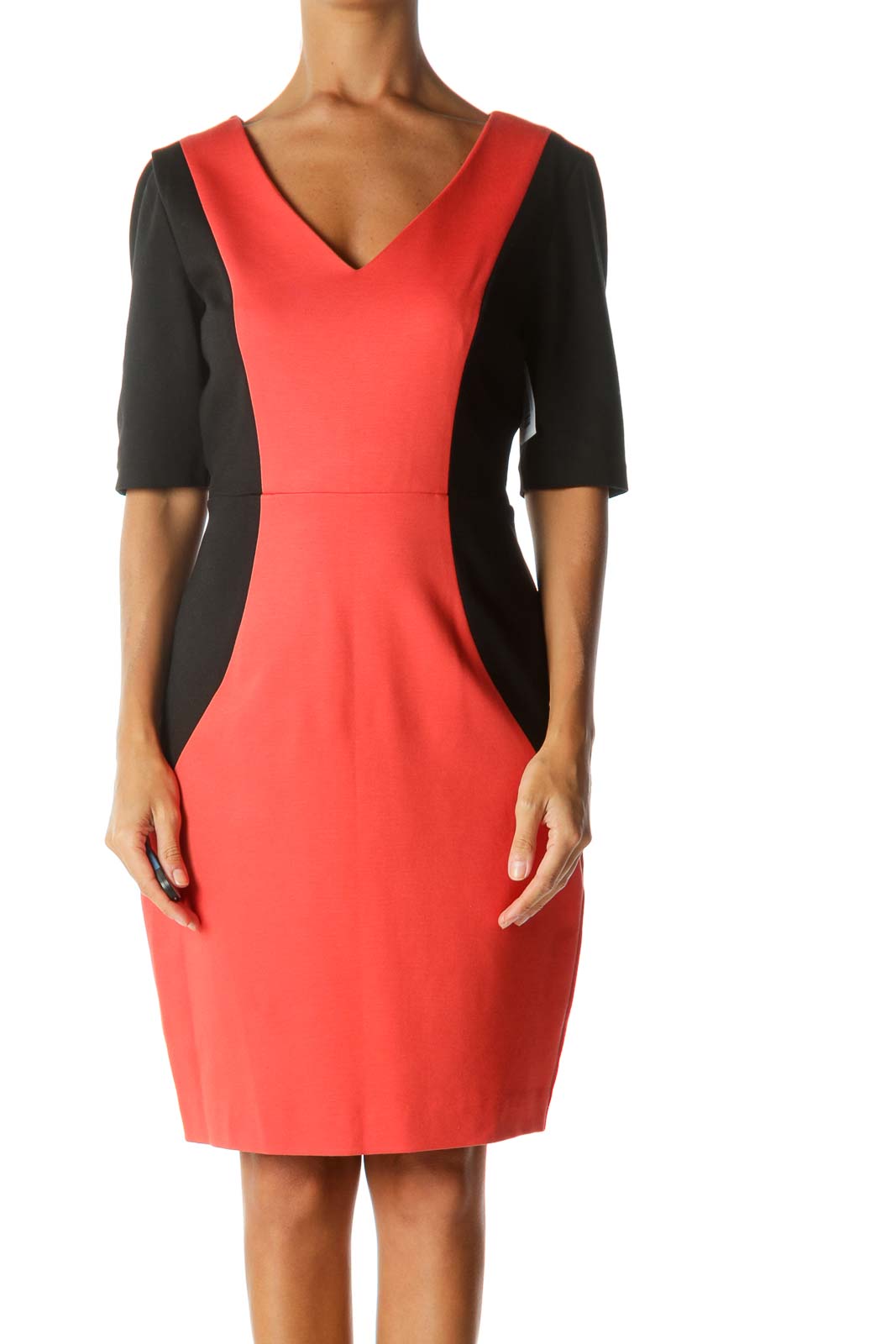 Orange & Black Color-Block Short-Sleeve V-Neck Work Dress Front
