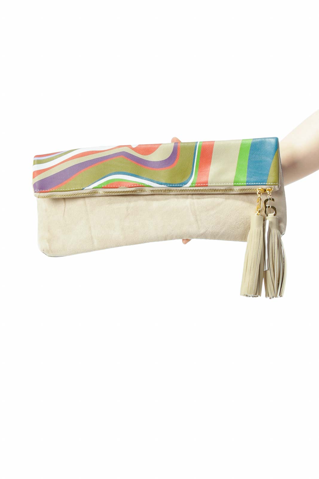 Beige Gold Multicolor Flap-Print Faux-Suede Zippered Clutch with Tassels Front