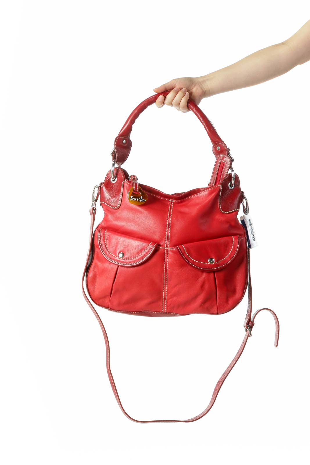 Red Stiched Heavy Leather Shoulder Bag with Crossbody Strap Front