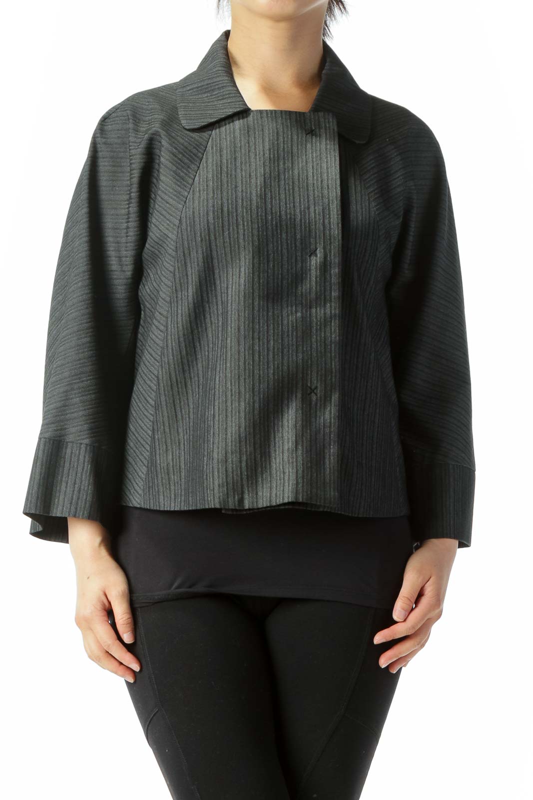 Black White Stripes Wide-Sleeves Snap-Button Textured Blazer Front