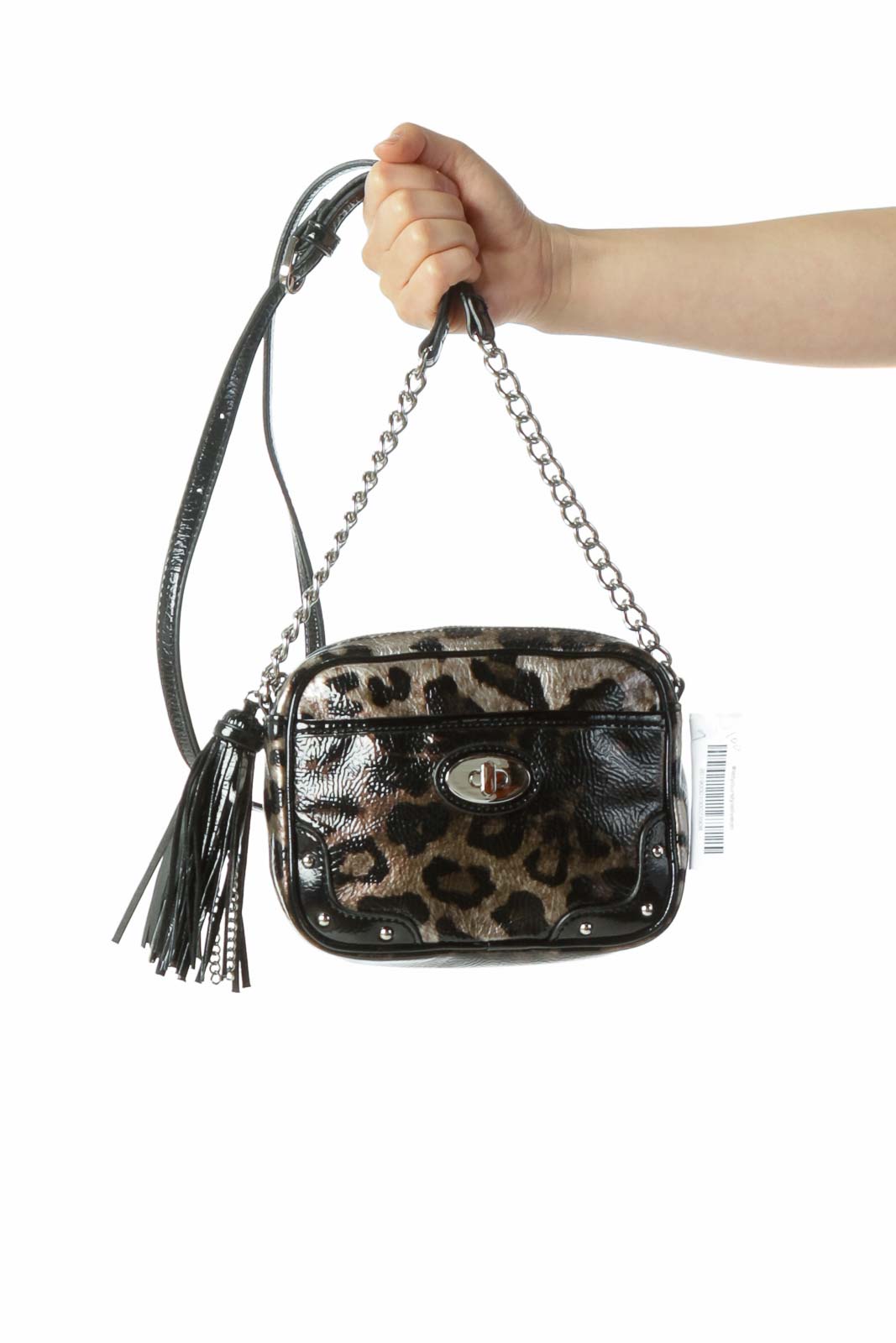 Black Brown Shiny Leopard Print Crossbody Bag with Tassel Front
