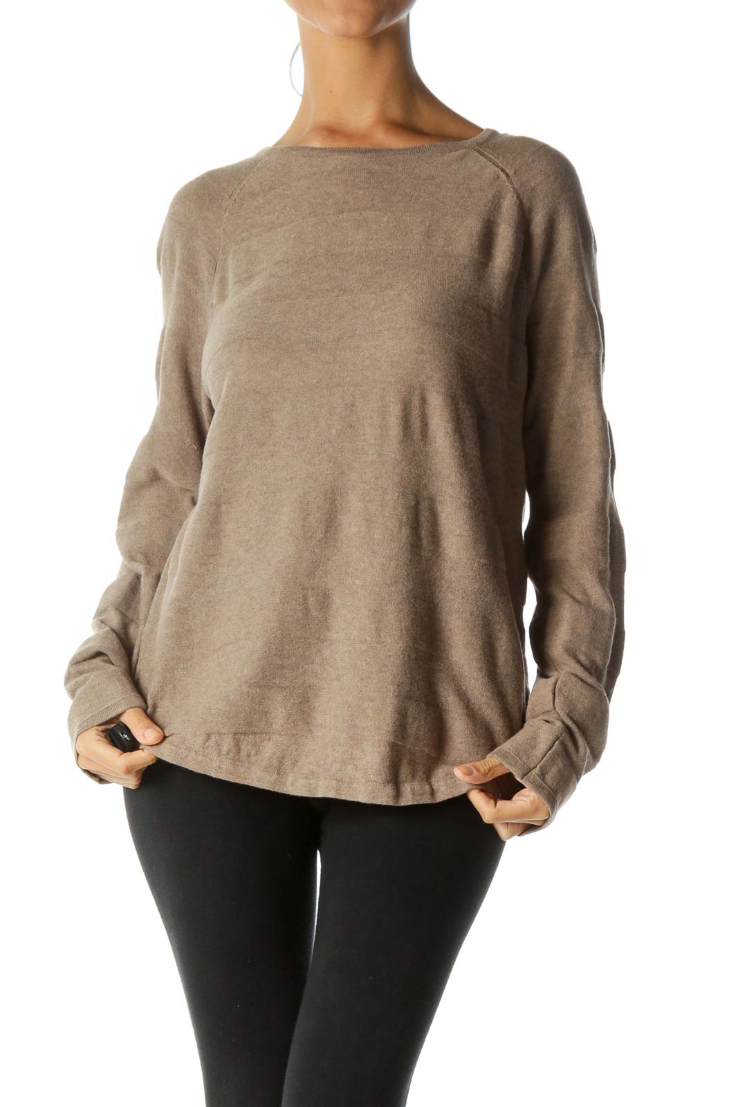 Beige Raised-Textured-Thick-Stripes Detail 100% Cotton Pull-On Sweater Front