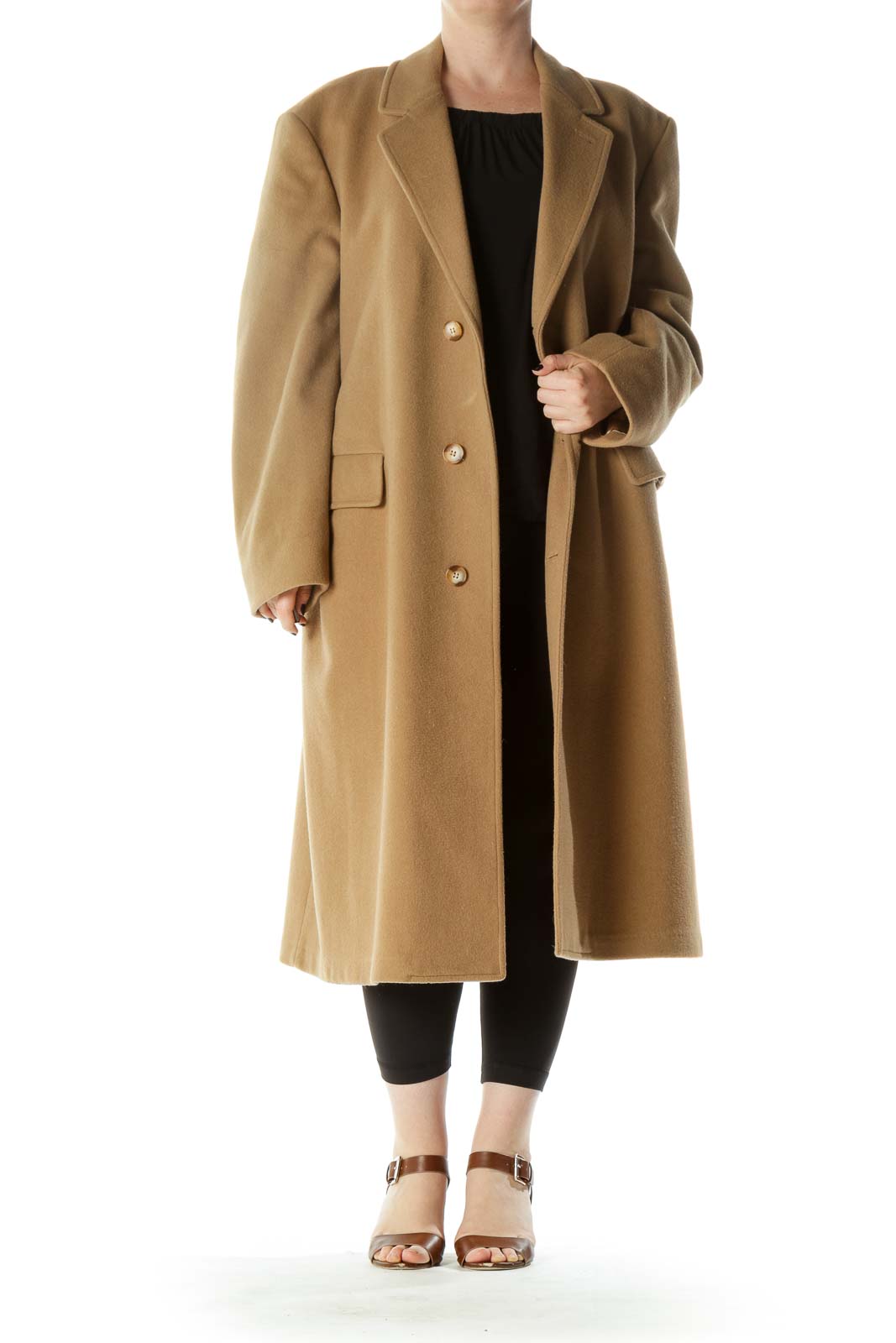 Beige 100% Pure Wool Pocketed Heavy Coat Front