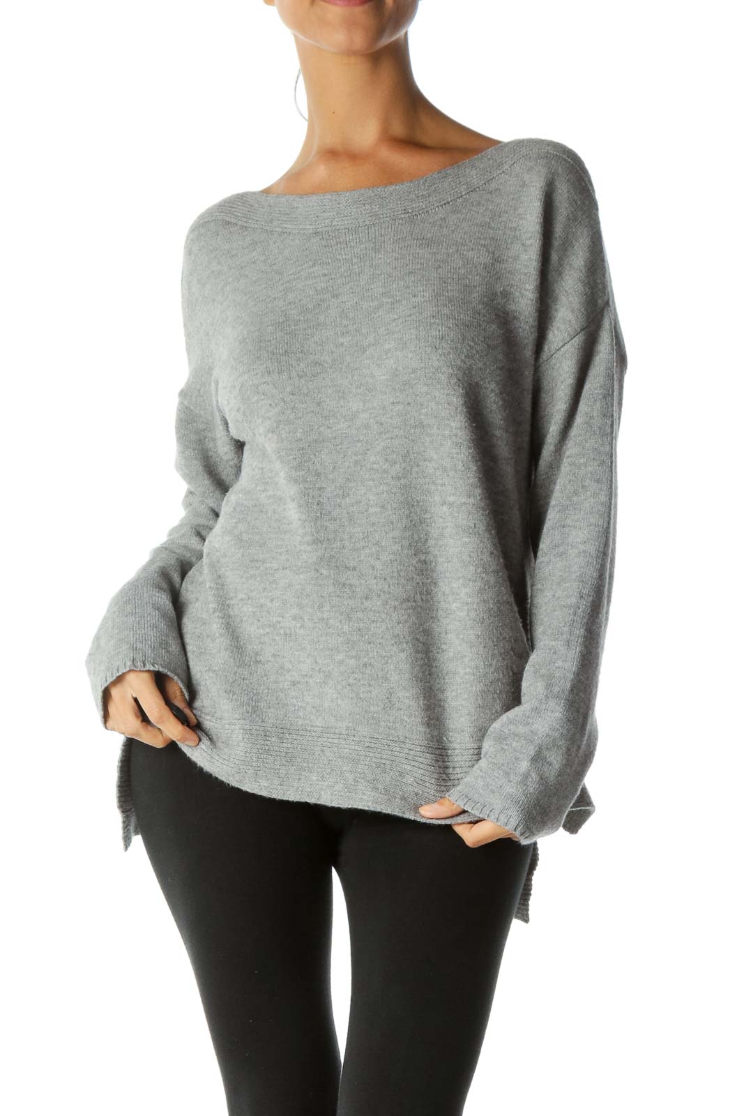 Gray Boat Neck Soft Stretch Pull-On Sweater Front