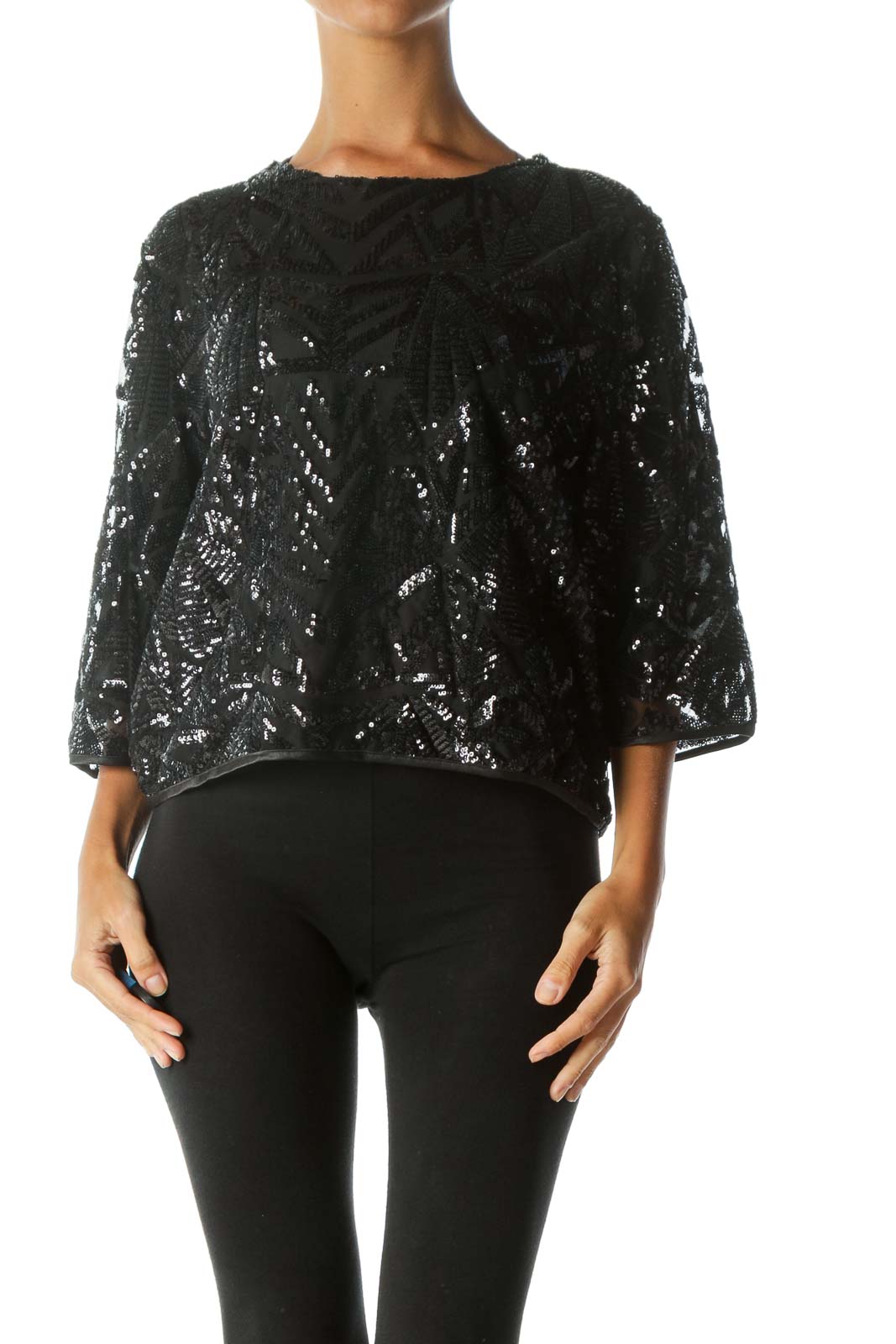 Black Sequined Pattern Round Neck 3/4-Sleeve Top Front