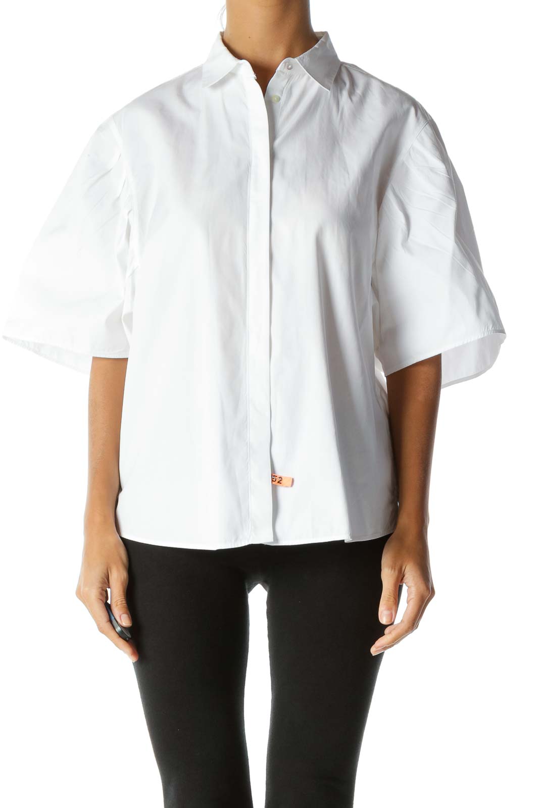 White 100% Cotton Buttoned Pleated-Detailing Short-Sleeve Shirt Front