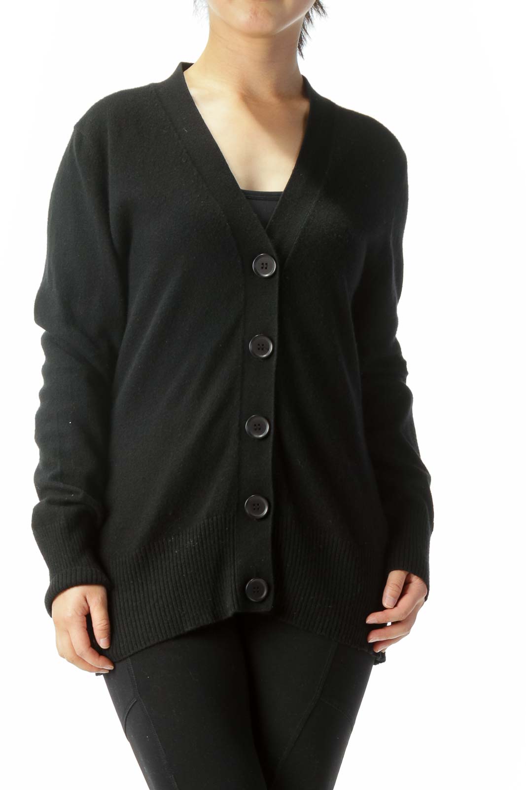 Black Cotton Cashmere Blend Buttoned Long Sleeve Cardigan Front