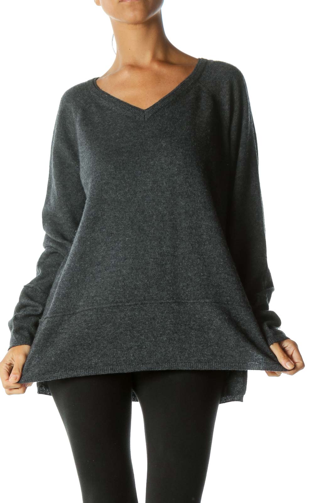 Dark Gray V-Neck 100% Cashmere Raised Seam Detail Sweater Front