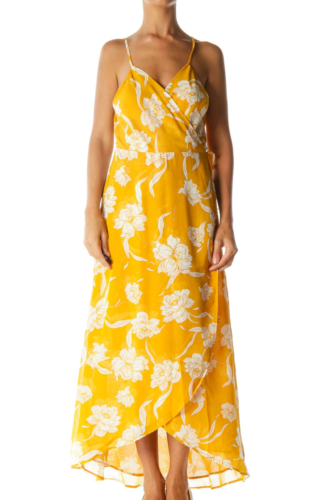 Mustard Yellow White Translucent Floral-Print Day Wrap Dress Front