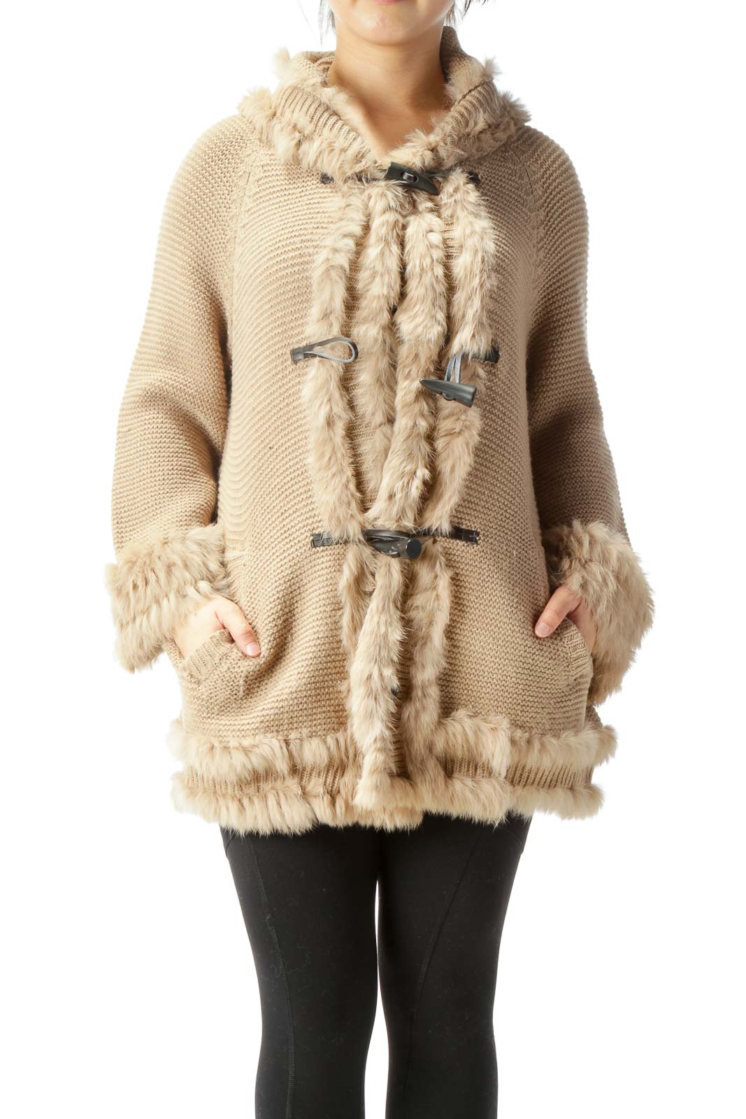 Light Brown Fur Trim Toggle and Snap Buttons Hooded Knit Sweater Front