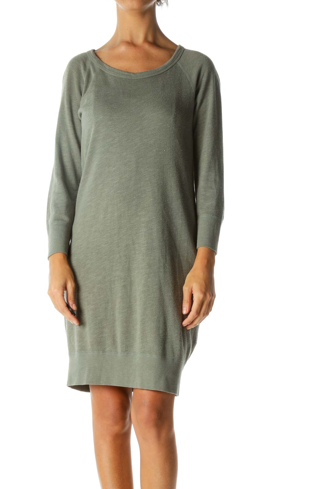 Green Round Neck Long Sleeve Sweat Dress Front